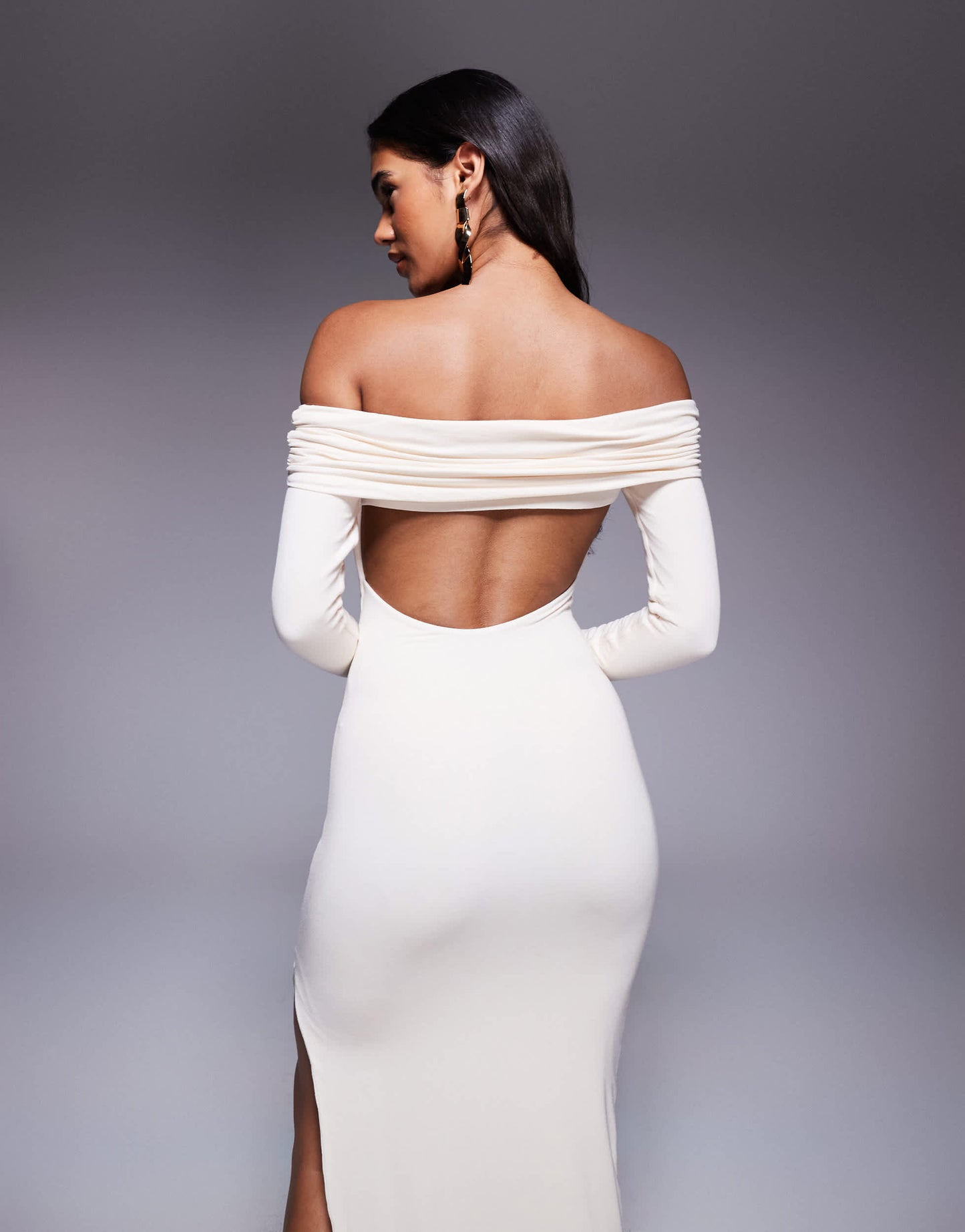 Oh Polly Honora bardot jersey split maxi dress in ivory