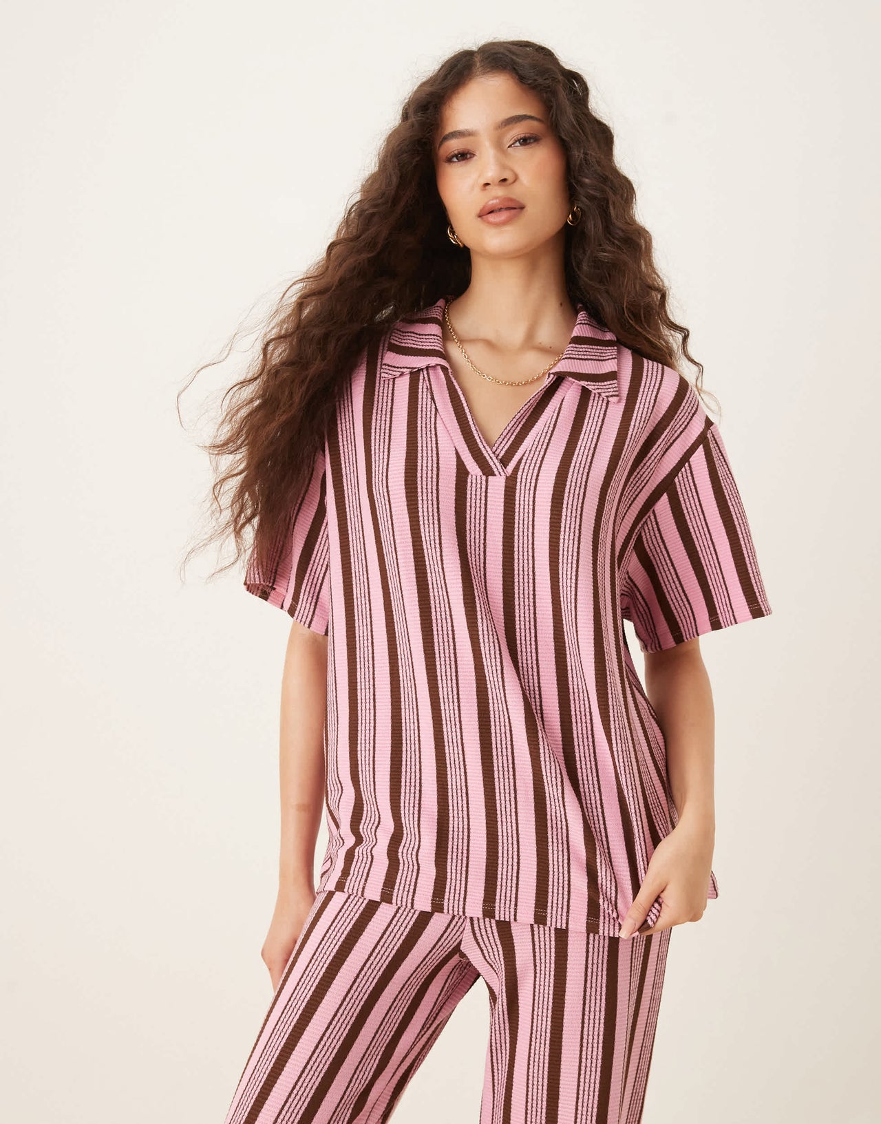 ASOS DESIGN oversized short sleeve rugby top co-ord in pink and choc stripe