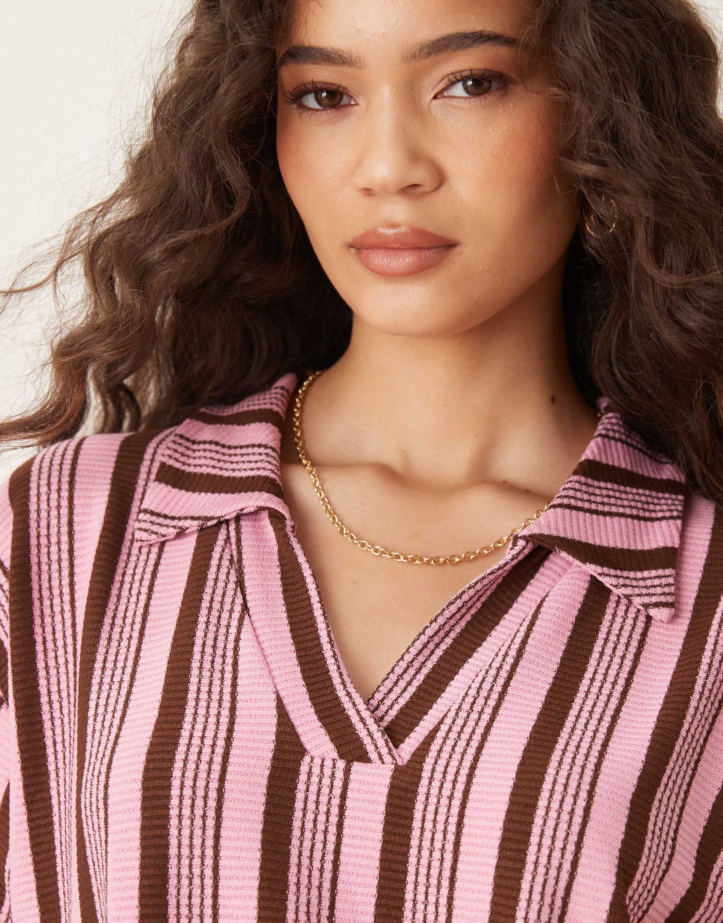 ASOS DESIGN oversized short sleeve rugby top co-ord in pink and choc stripe