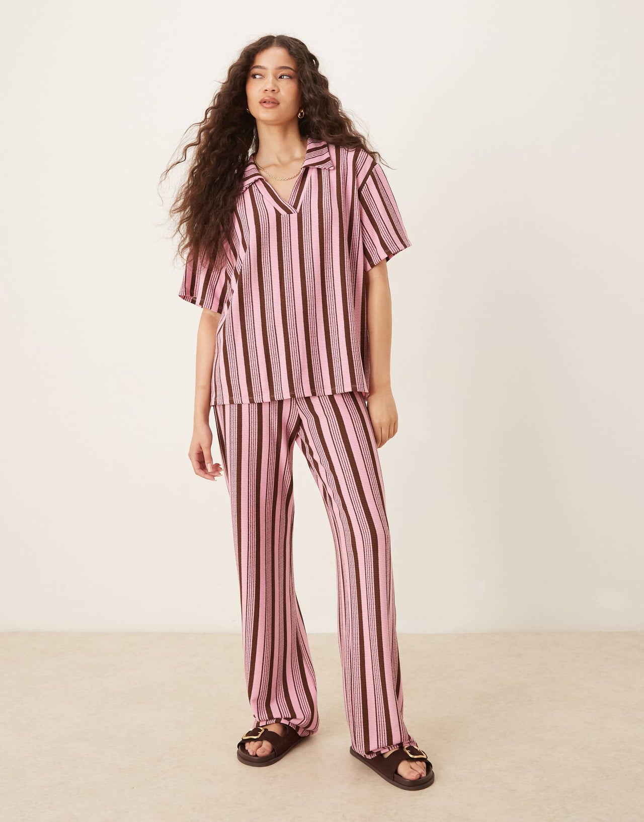 ASOS DESIGN oversized short sleeve rugby top co-ord in pink and choc stripe