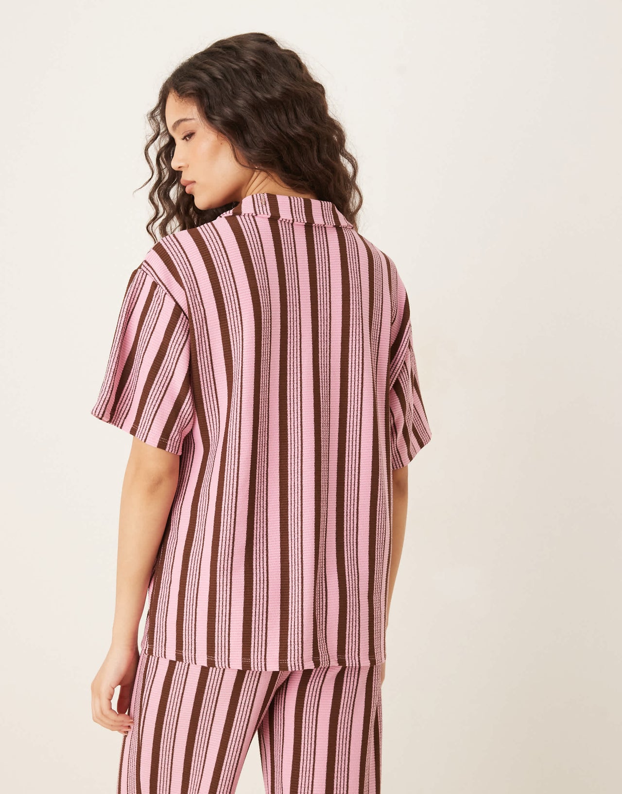 ASOS DESIGN oversized short sleeve rugby top co-ord in pink and choc stripe