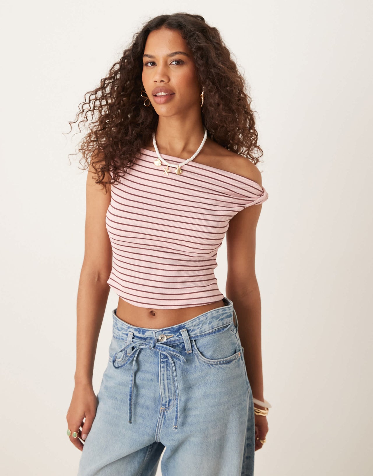 ASOS DESIGN twist shoulder bardot top in pink and choc stripe