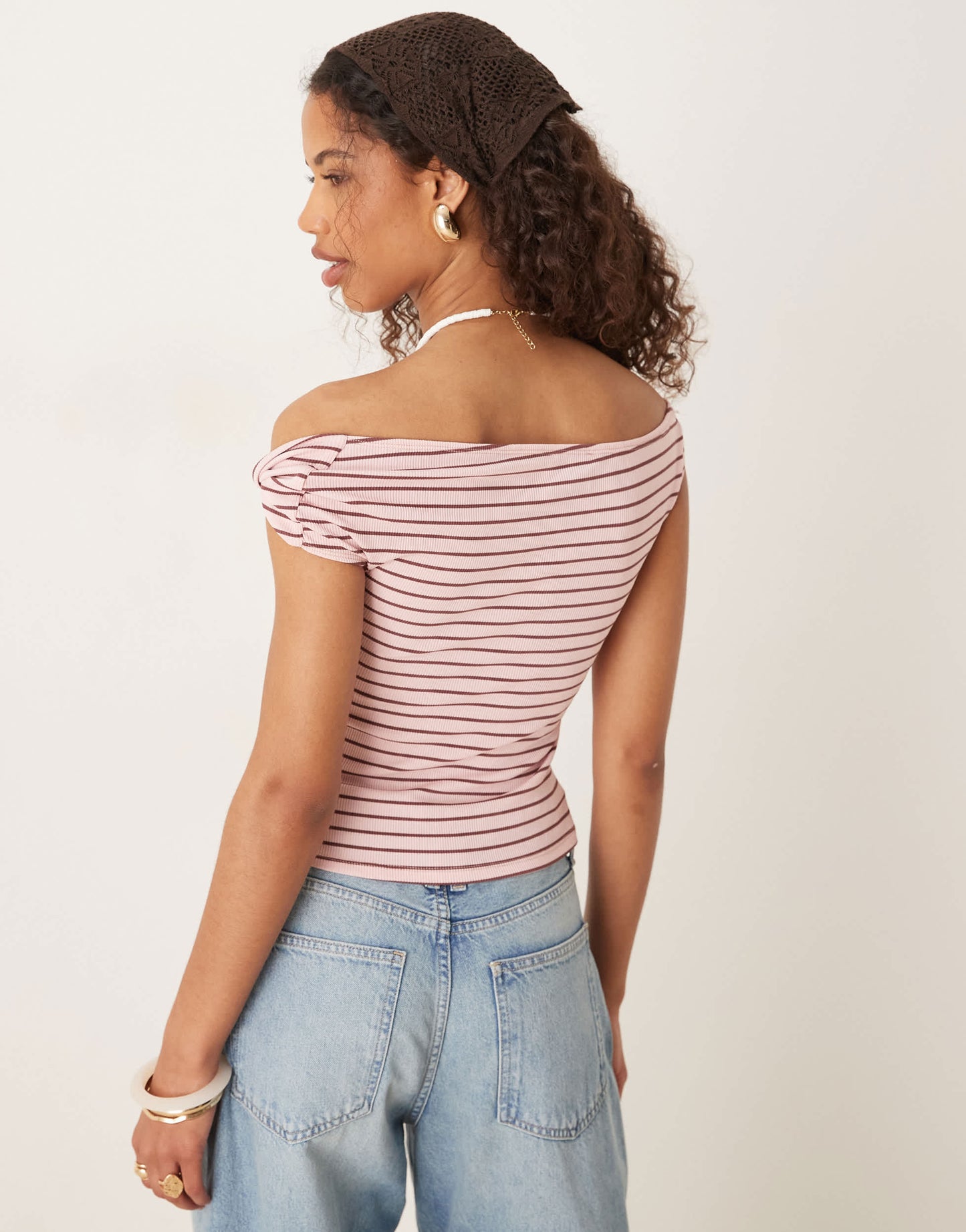 ASOS DESIGN twist shoulder bardot top in pink and choc stripe