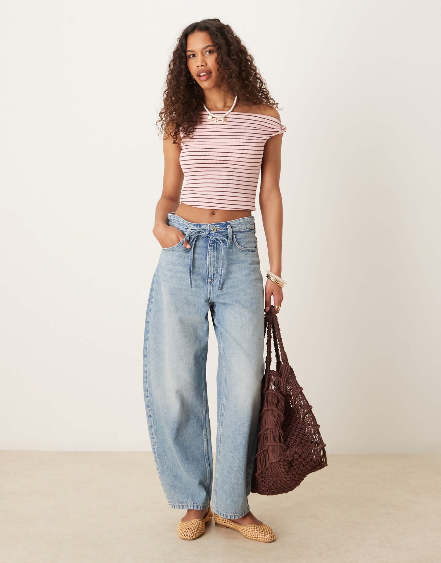 ASOS DESIGN twist shoulder bardot top in pink and choc stripe