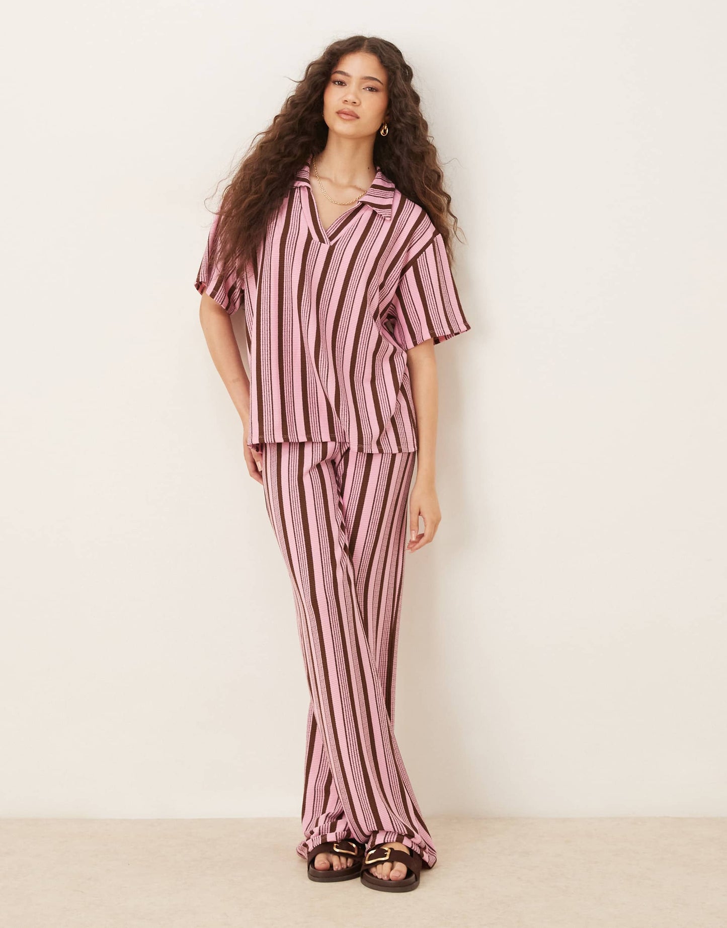 ASOS DESIGN wide leg trouser co-ord in pink and choc stripe