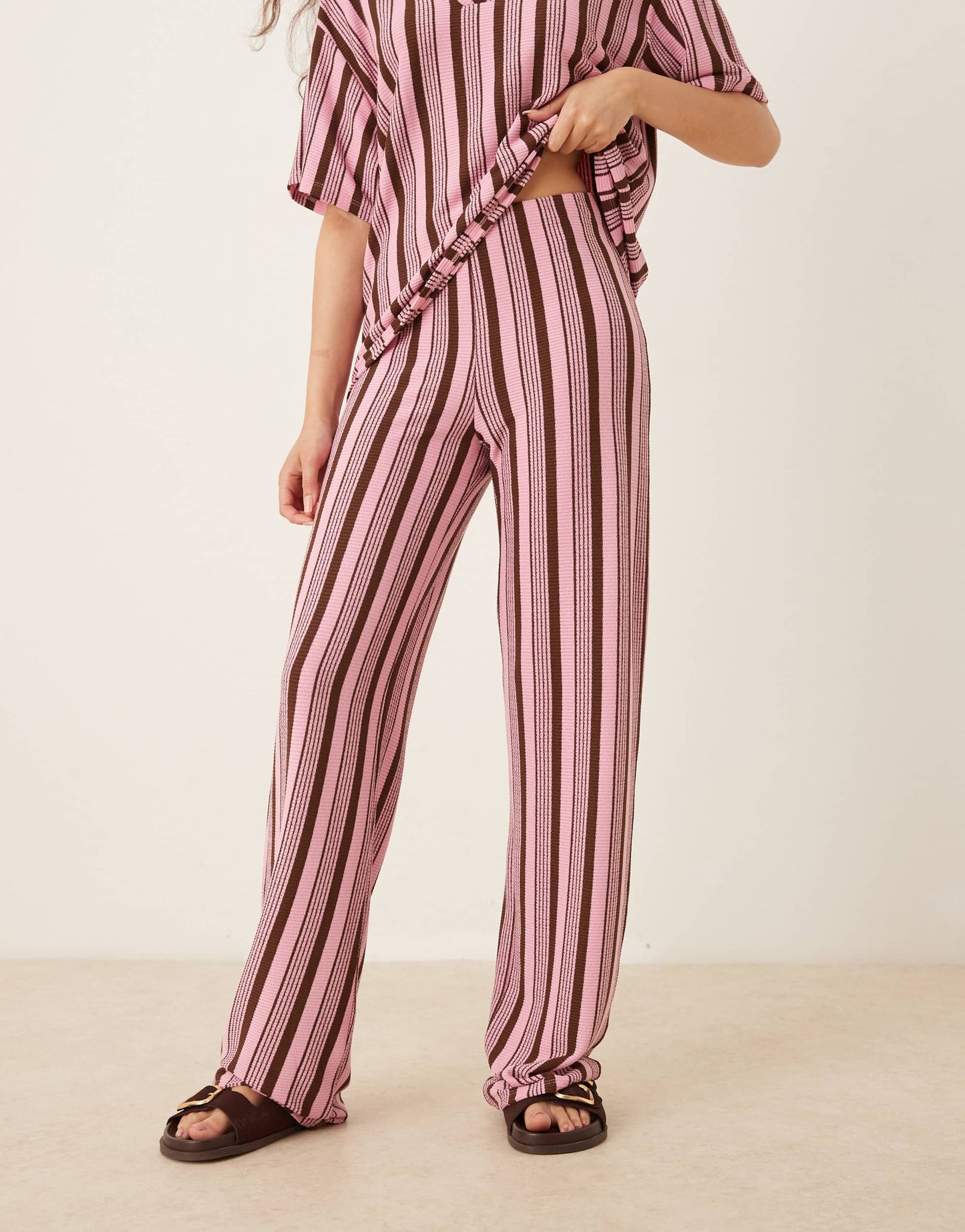 ASOS DESIGN wide leg trouser co-ord in pink and choc stripe