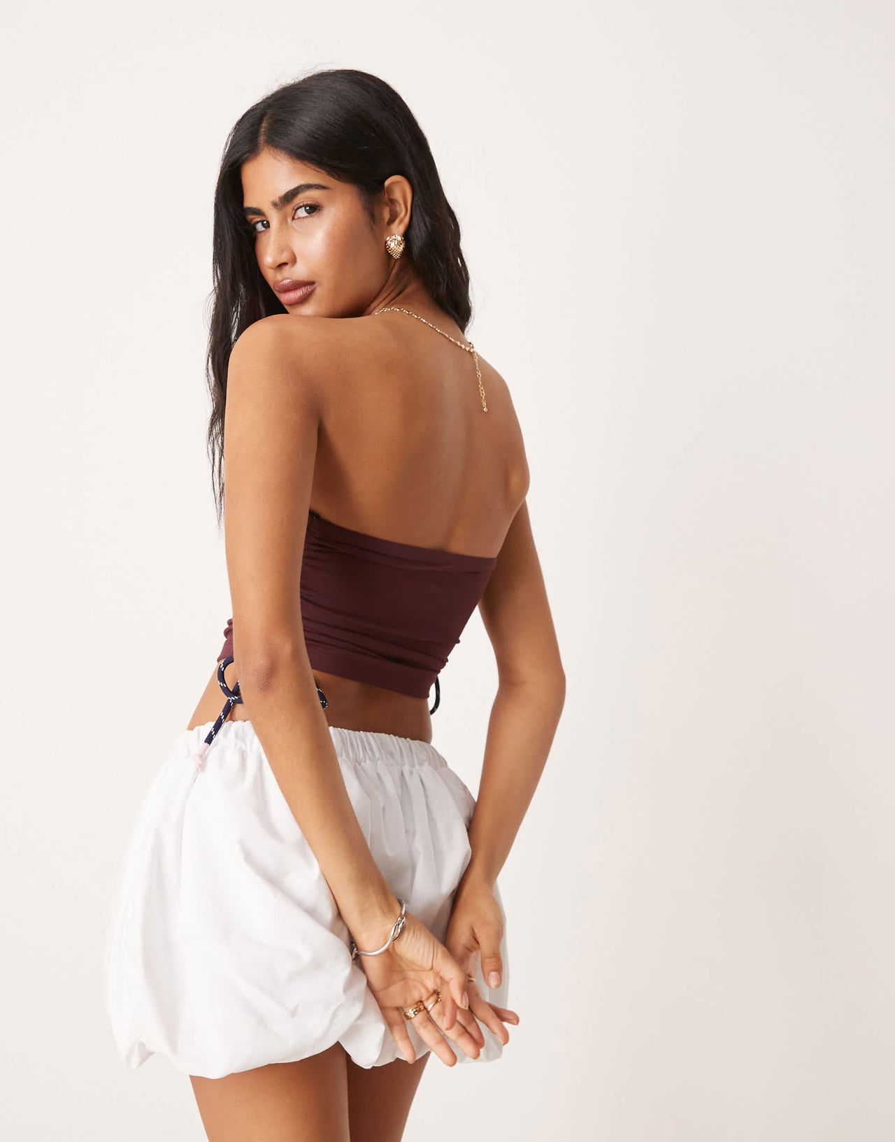 ASOS DESIGN bandeau drawstring with sporty drawcords in plum