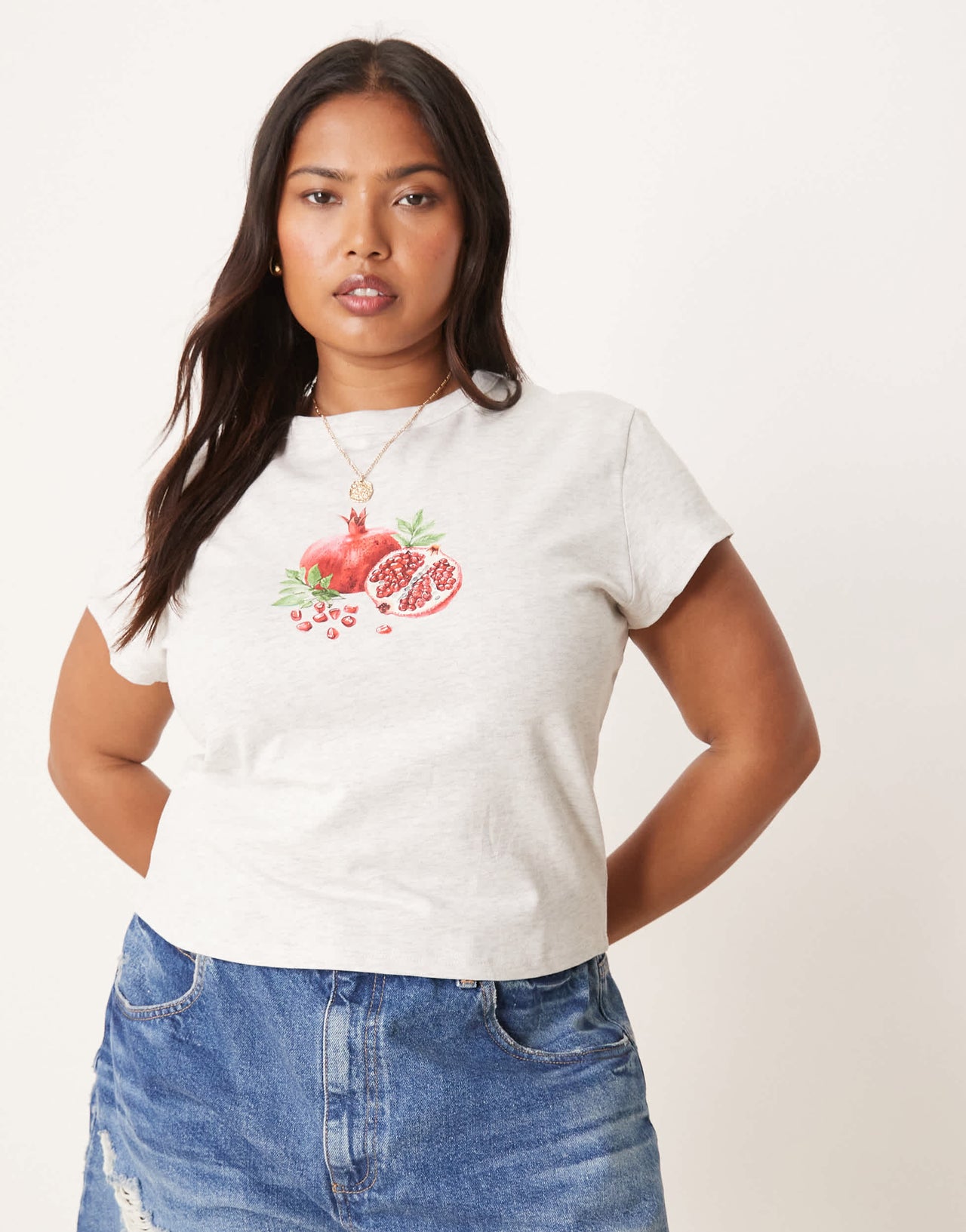 ASOS DESIGN Curve baby tee with pomegranate fruit graphic in ice marl