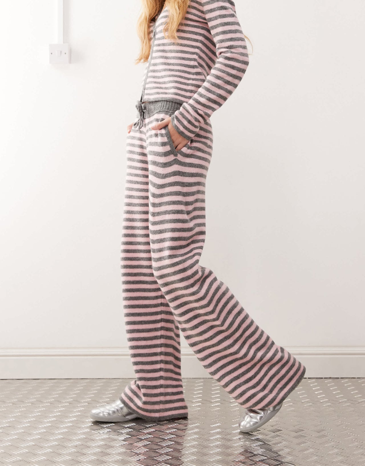 COLLUSION stripe knitted straight leg pant in pink and grey