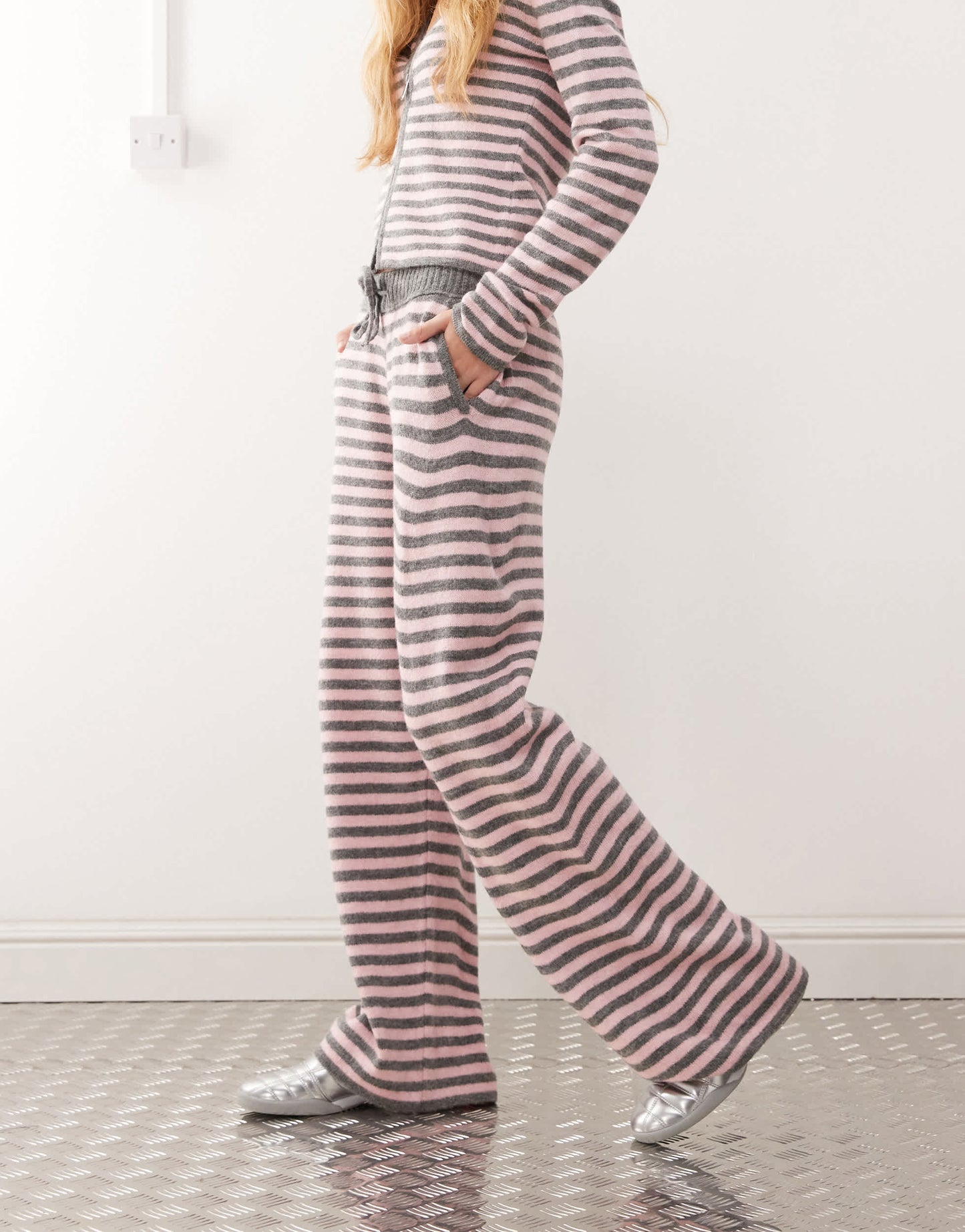 COLLUSION stripe knitted straight leg pant in pink and grey