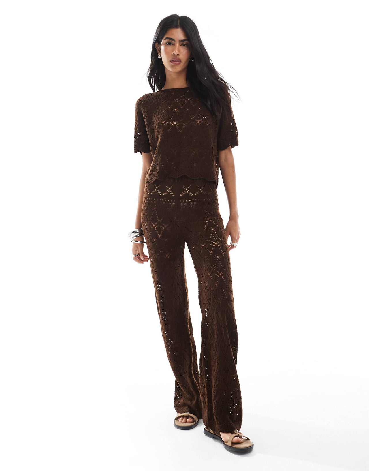 Miss Selfridge crochet beach tee co ord in chocolate