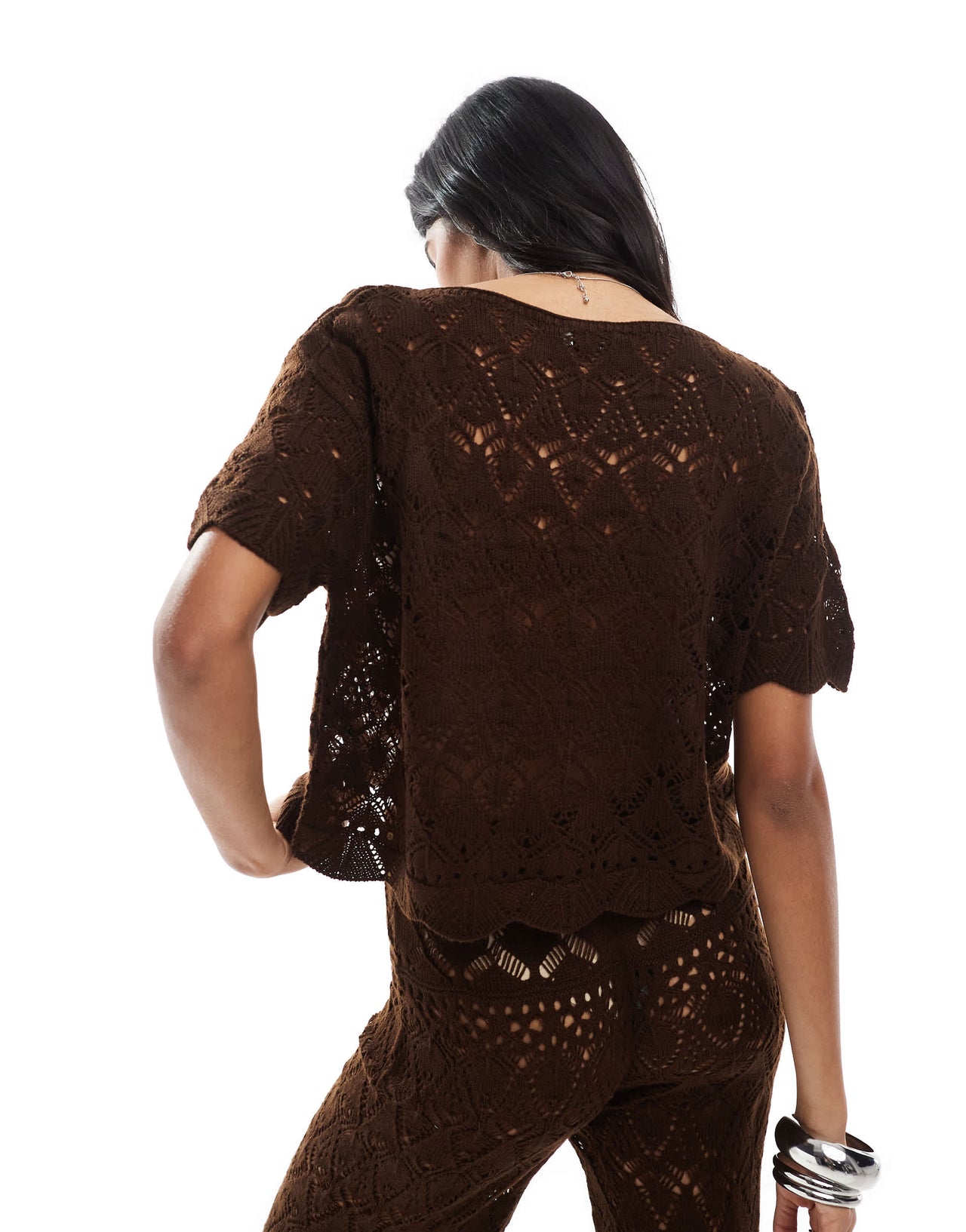 Miss Selfridge crochet beach tee co ord in chocolate