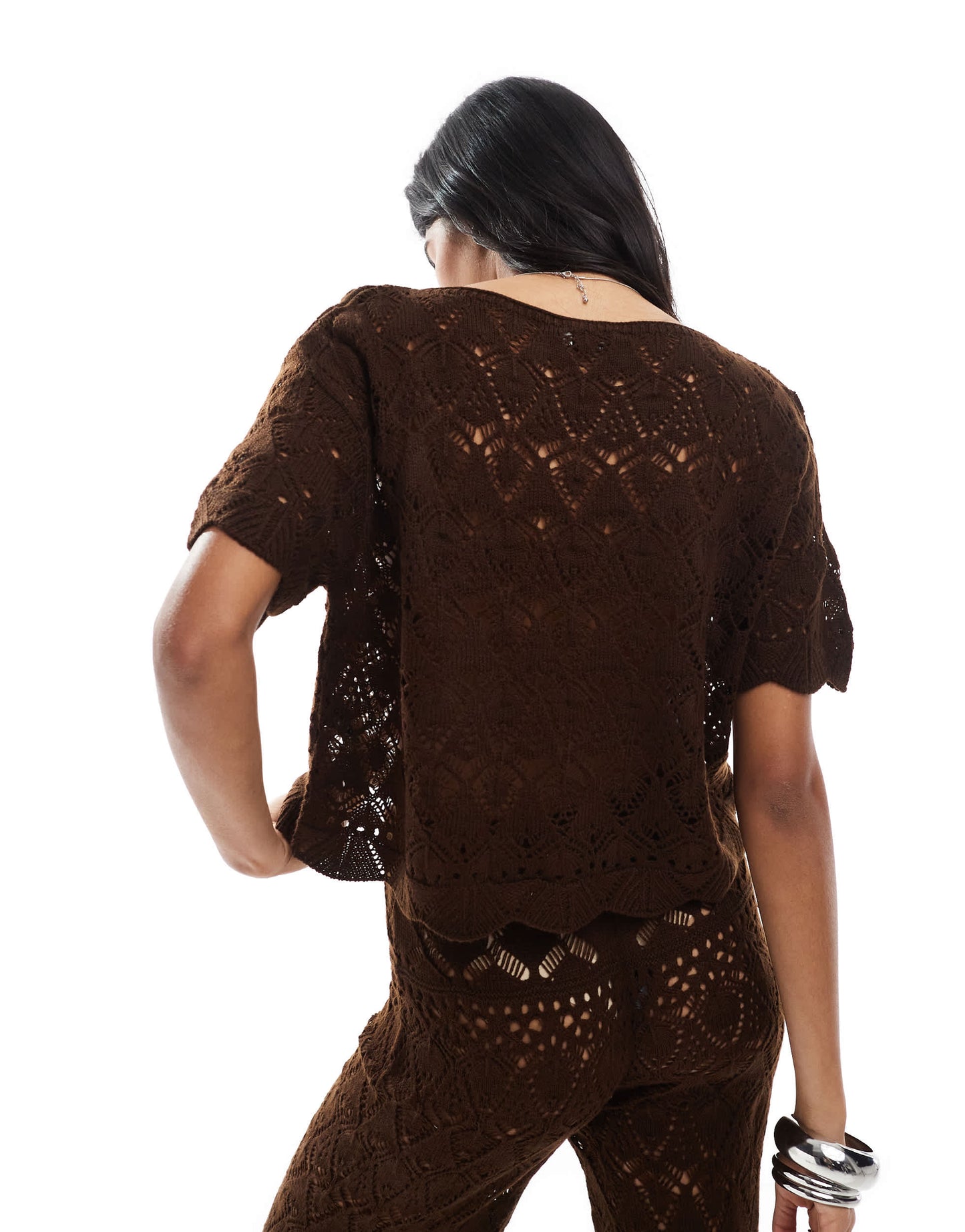 Miss Selfridge crochet beach tee co ord in chocolate