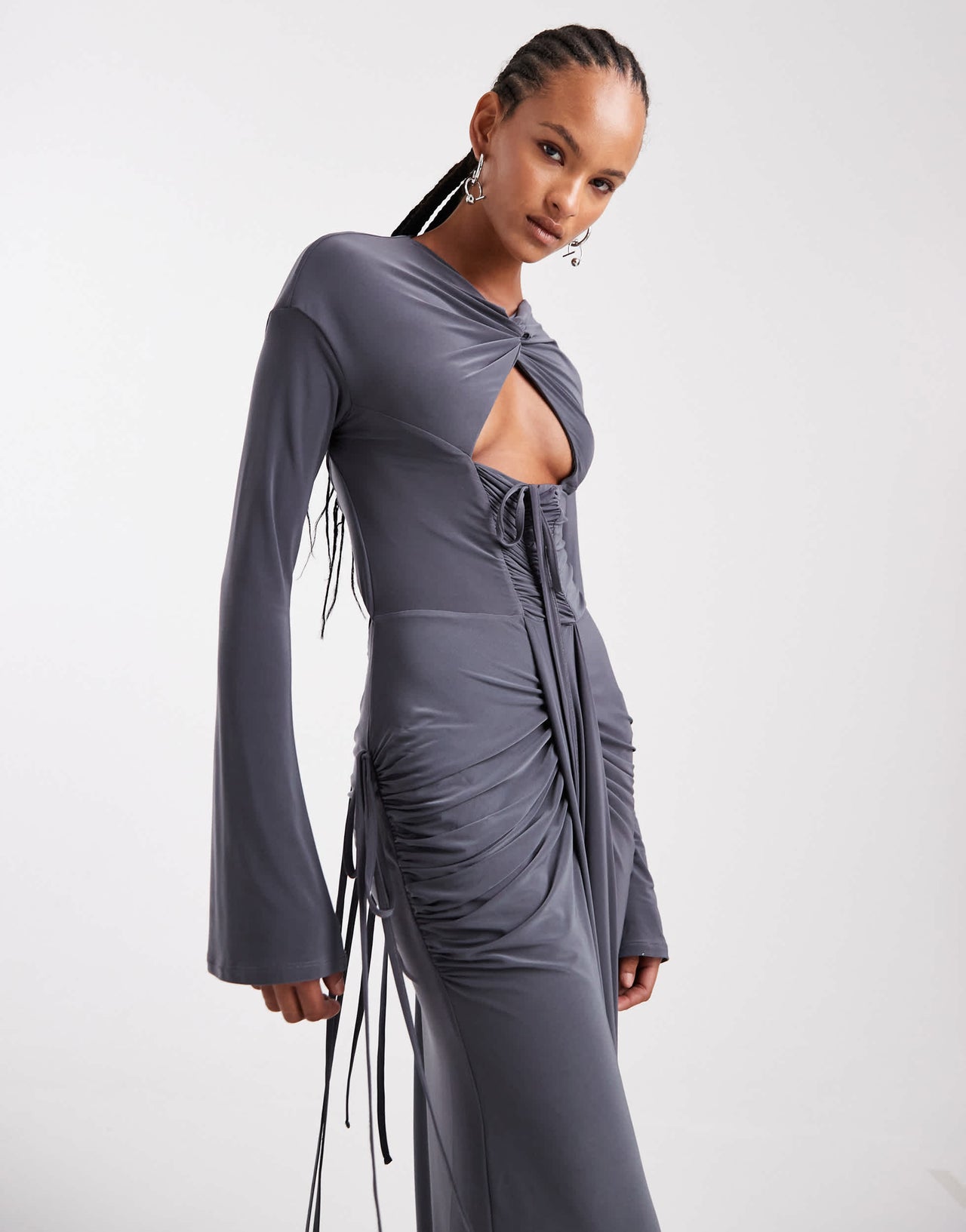 ASOS DESIGN cut out front maxi dress with gauging and mock channel details in grey