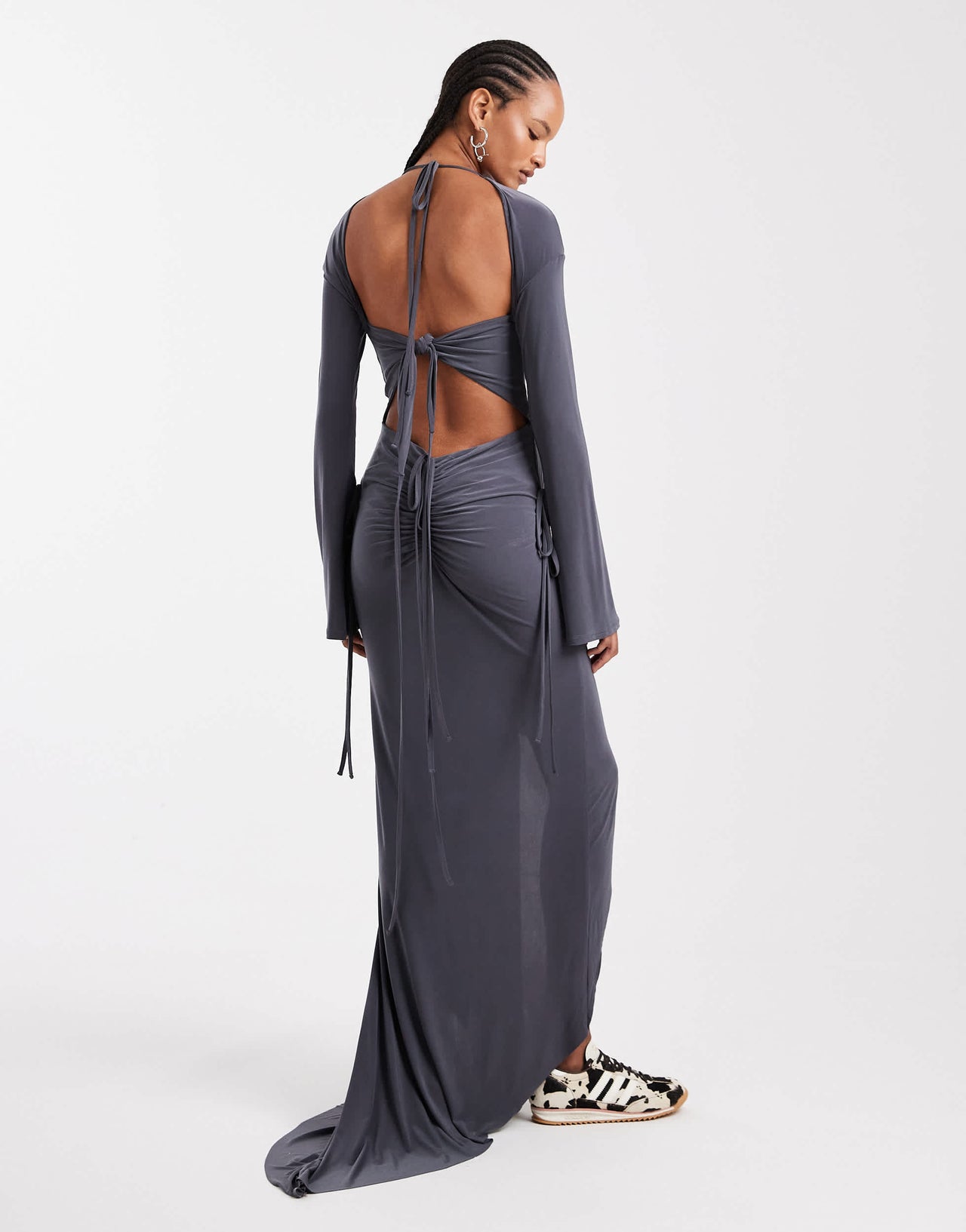 ASOS DESIGN cut out front maxi dress with gauging and mock channel details in grey