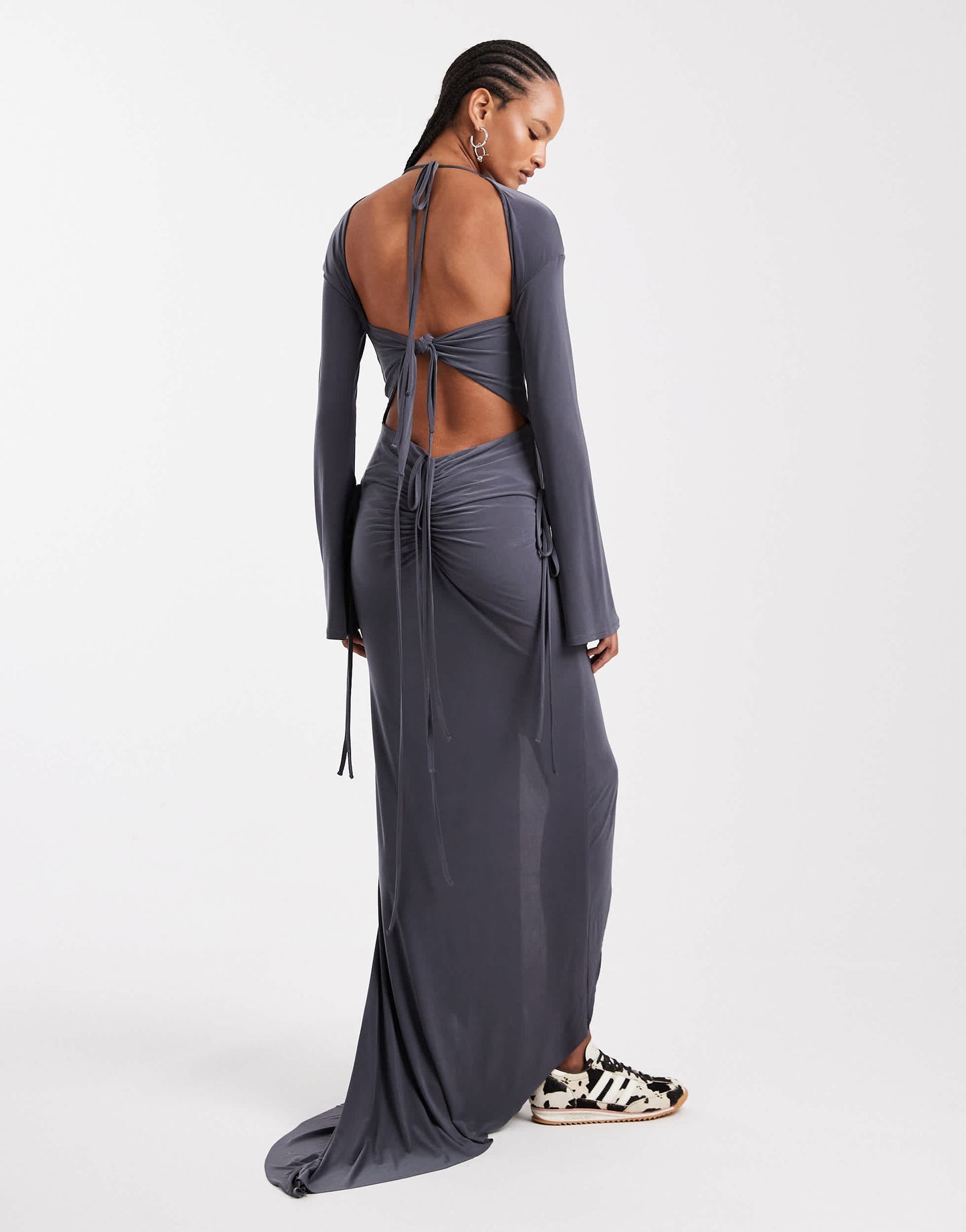 ASOS DESIGN cut out front maxi dress with gauging and mock channel details in grey