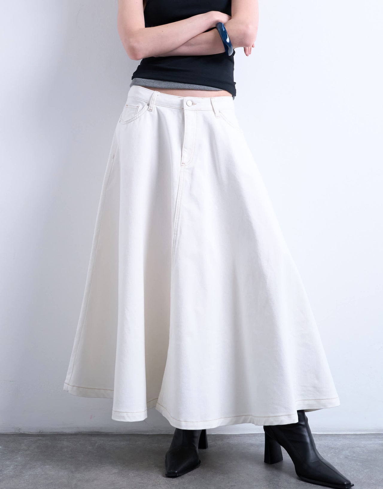 Topshop denim maxi full circle skirt in ecru