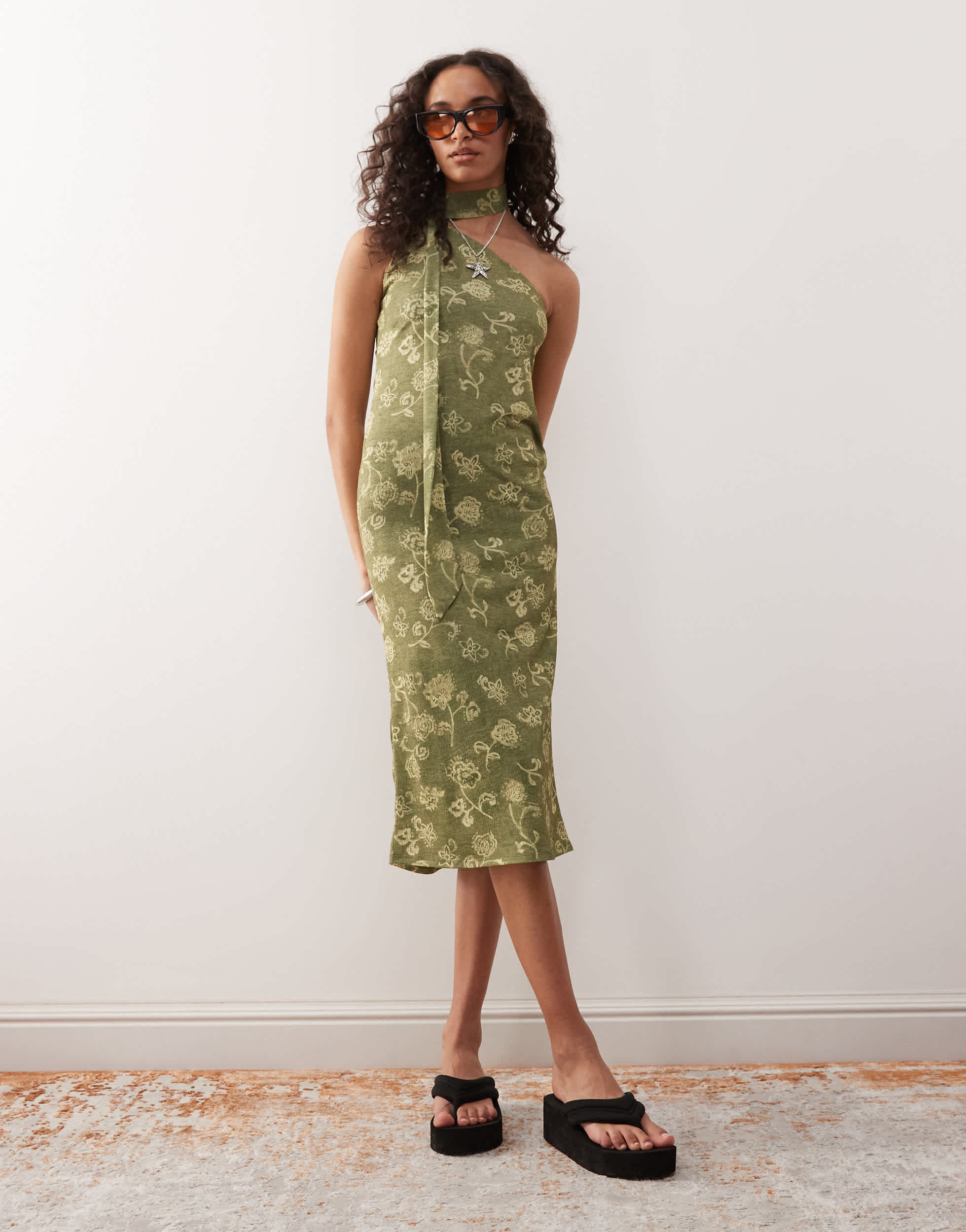 Reclaimed Vintage one shoulder midi dress with scarf detail in green print