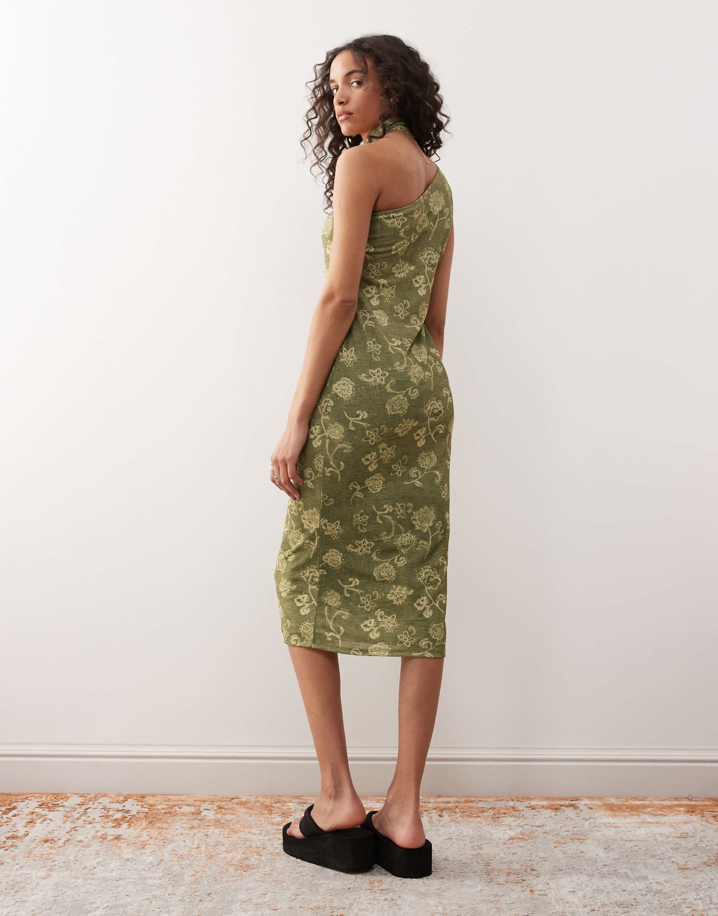 Reclaimed Vintage one shoulder midi dress with scarf detail in green print