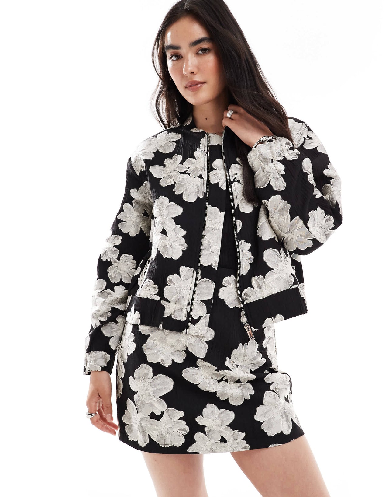 French Connection jacquard floral mini skirt co-ord in black and cream