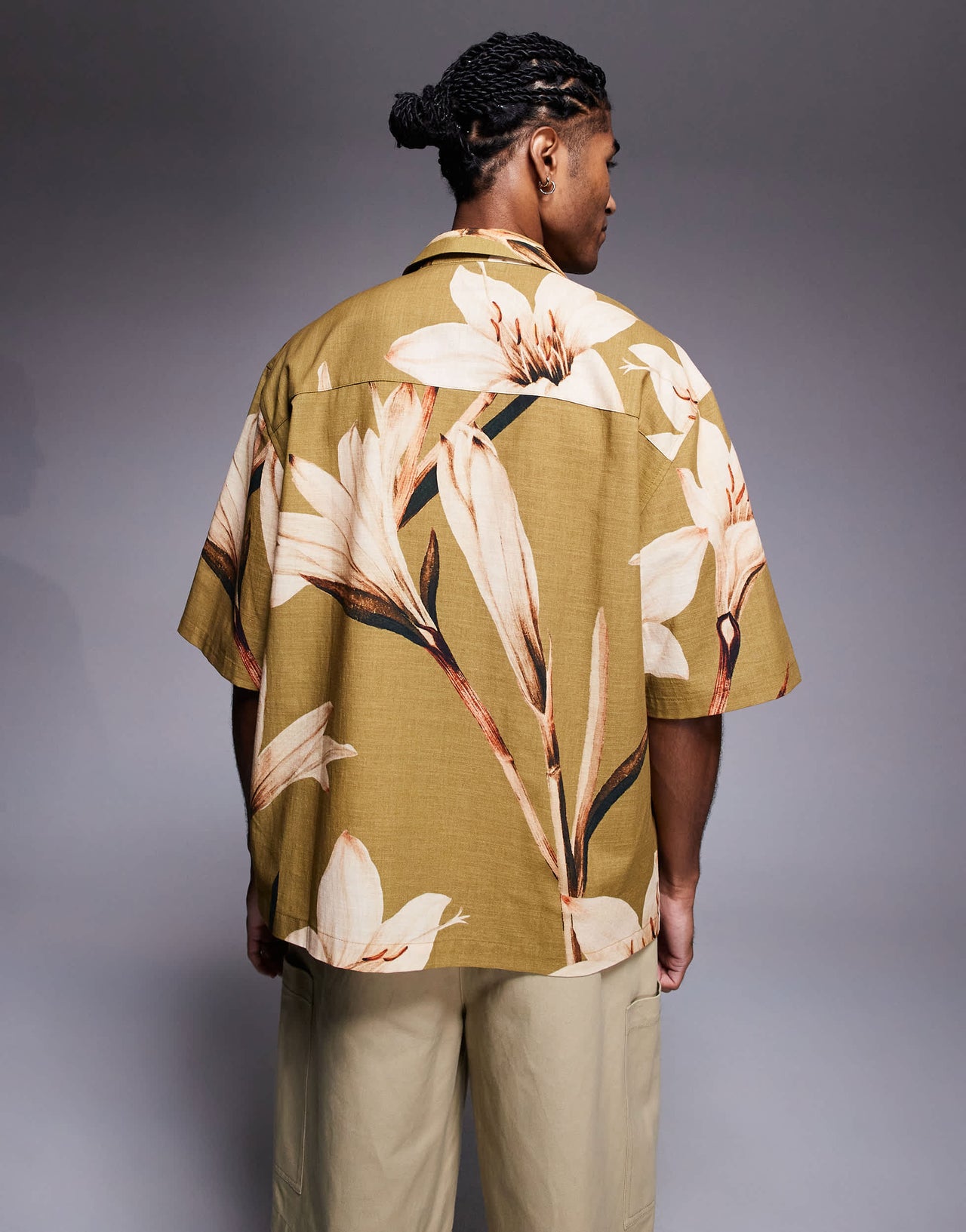 ASOS DESIGN relaxed revere shirt with floral print in khaki