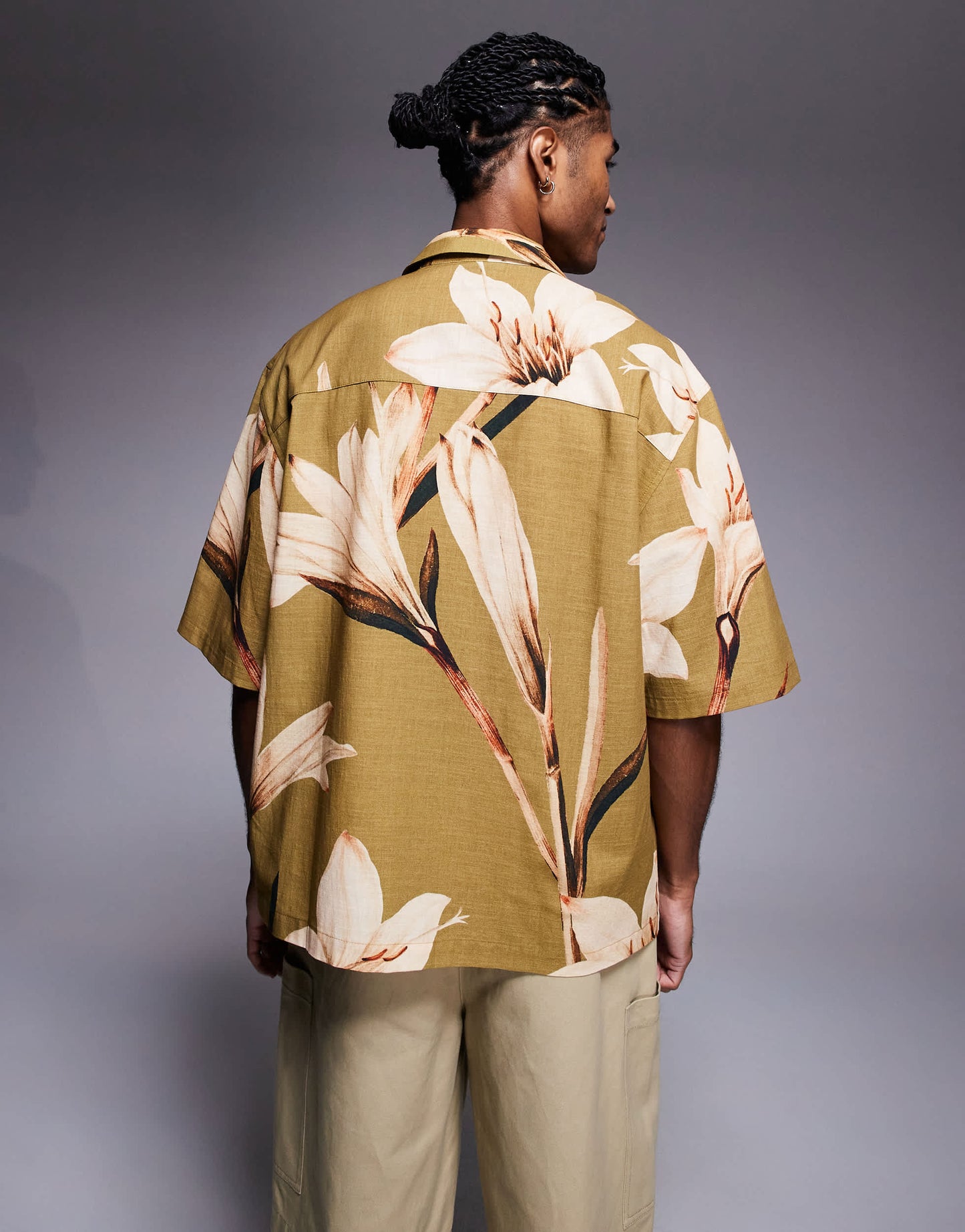 ASOS DESIGN relaxed revere shirt with floral print in khaki