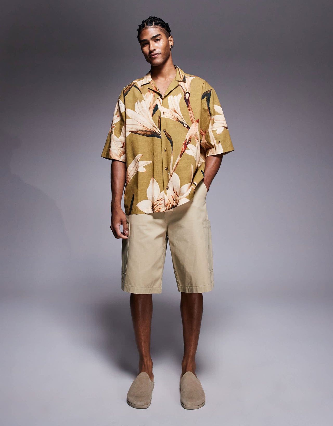 ASOS DESIGN relaxed revere shirt with floral print in khaki