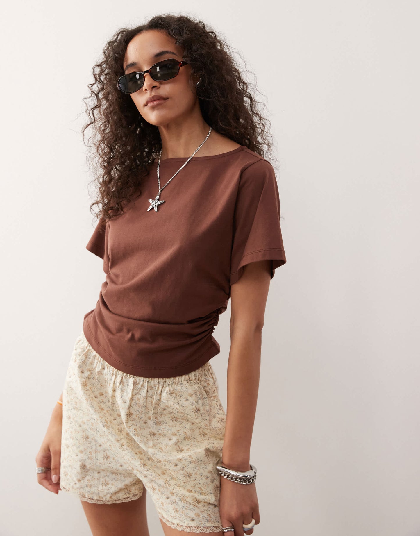 Reclaimed Vintage slash neck cinched waist t-shirt with ruching detail in chocolate brown