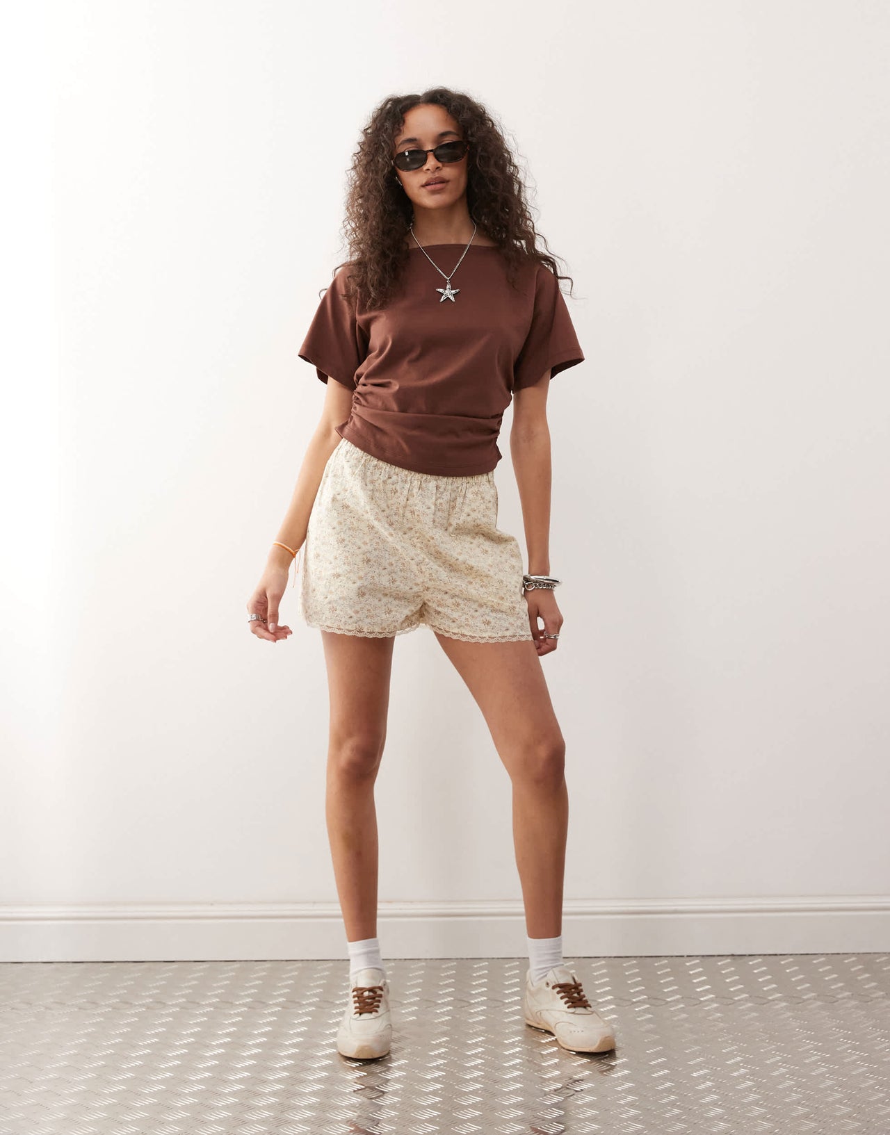 Reclaimed Vintage slash neck cinched waist t-shirt with ruching detail in chocolate brown