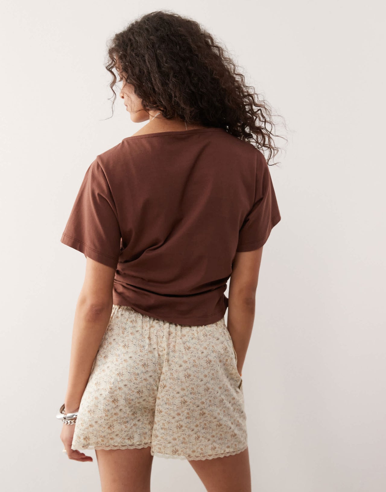 Reclaimed Vintage slash neck cinched waist t-shirt with ruching detail in chocolate brown