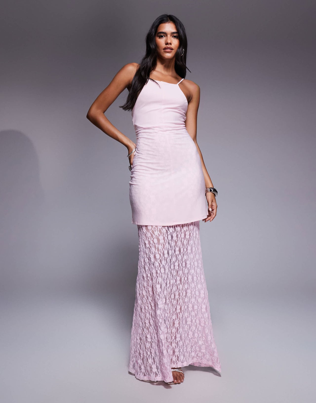 ASOS DESIGN high neck peplum maxi dress with bodice and lace skirt in light pink
