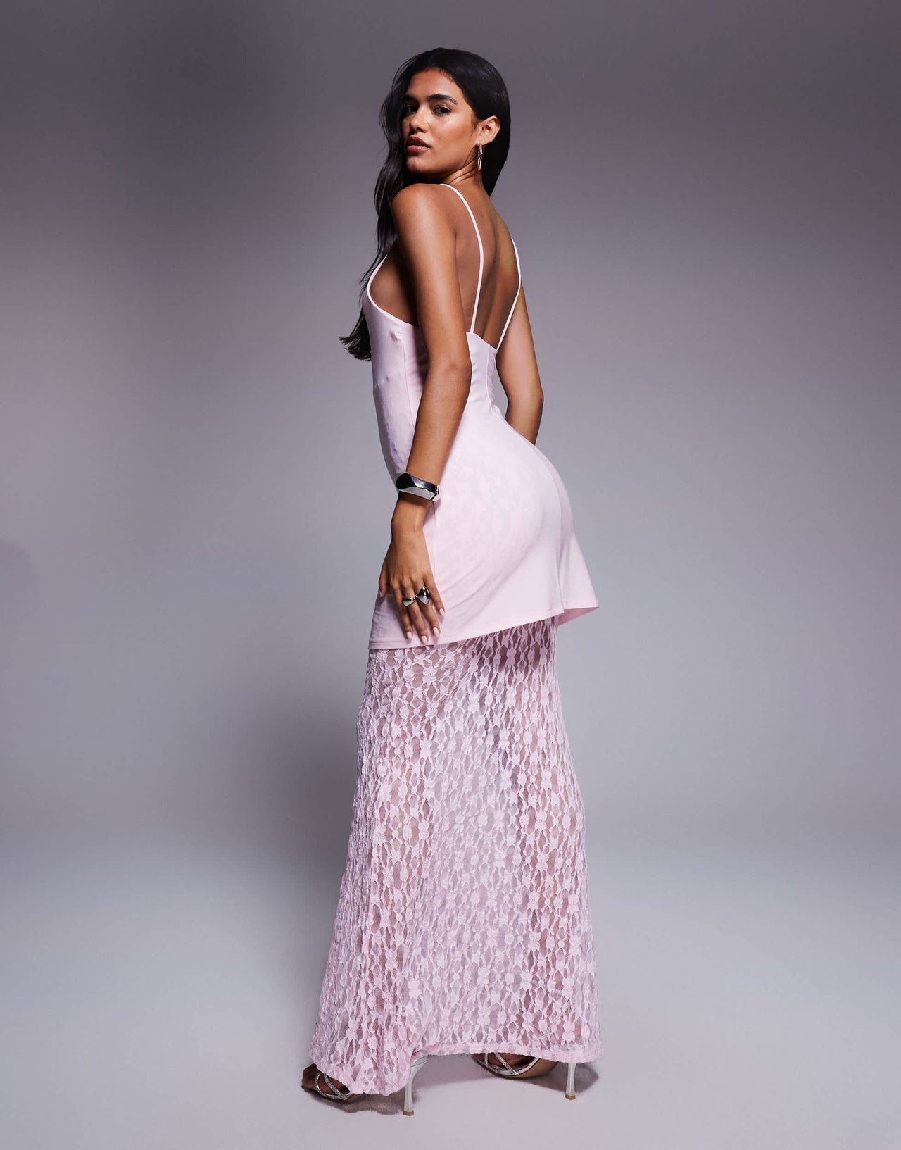 ASOS DESIGN high neck peplum maxi dress with bodice and lace skirt in light pink