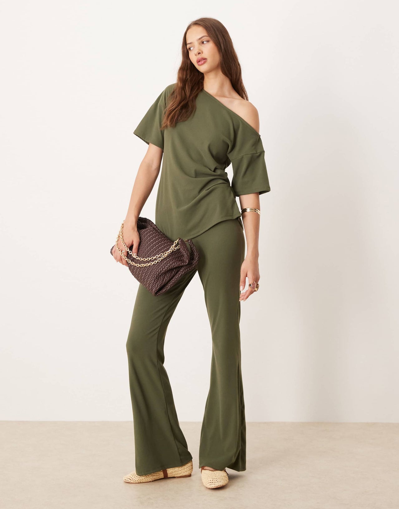 ASOS DESIGN brushed fine rib wide leg trouser co-ord in khaki