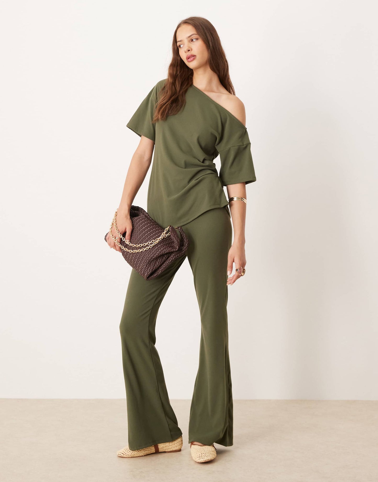 ASOS DESIGN brushed fine rib wide leg trouser co-ord in khaki