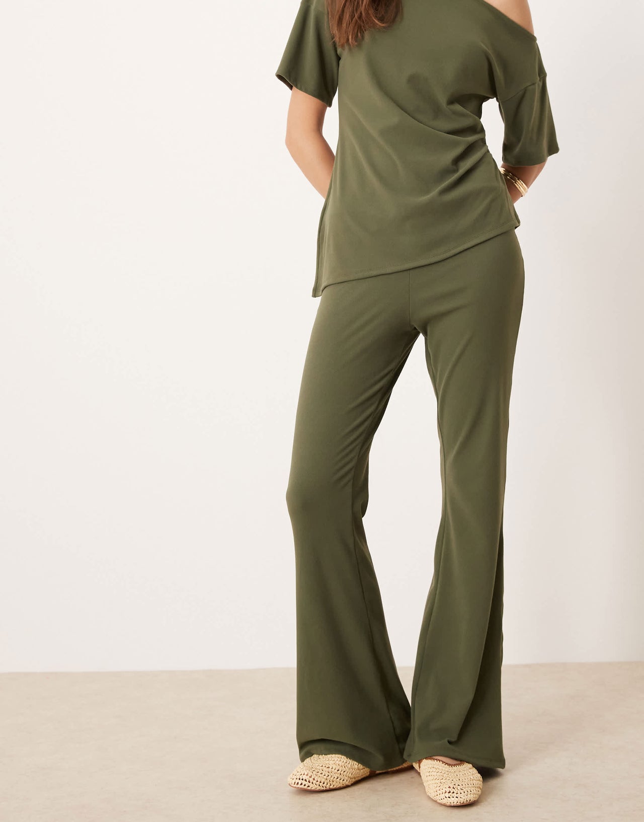 ASOS DESIGN brushed fine rib wide leg trouser co-ord in khaki
