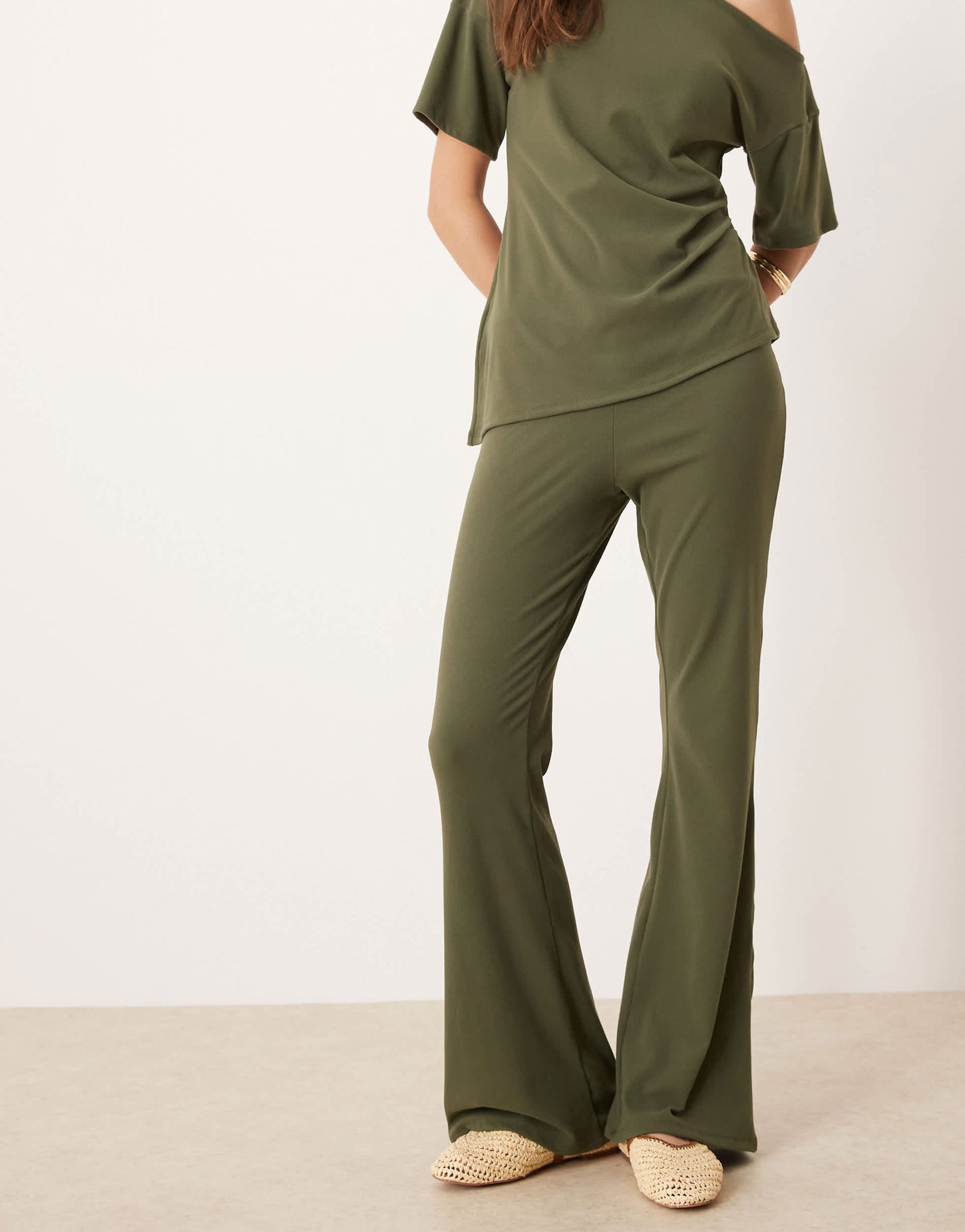 ASOS DESIGN brushed fine rib wide leg trouser co-ord in khaki