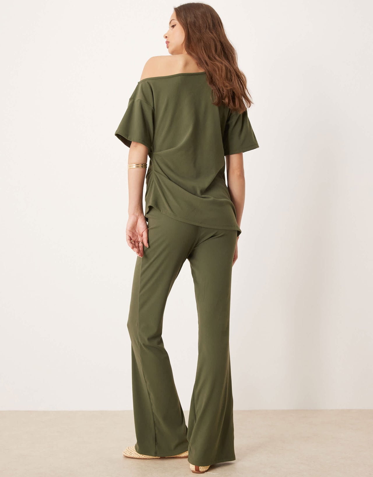 ASOS DESIGN brushed fine rib wide leg trouser co-ord in khaki