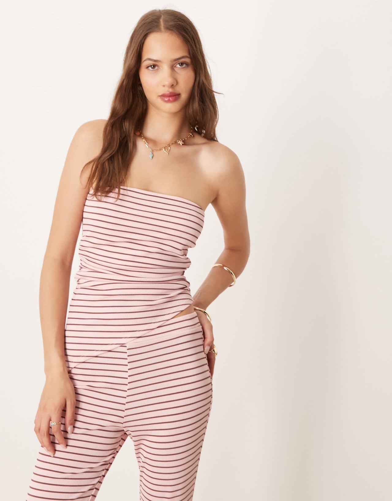 ASOS DESIGN bandeau co-ord in pink and choc stripe