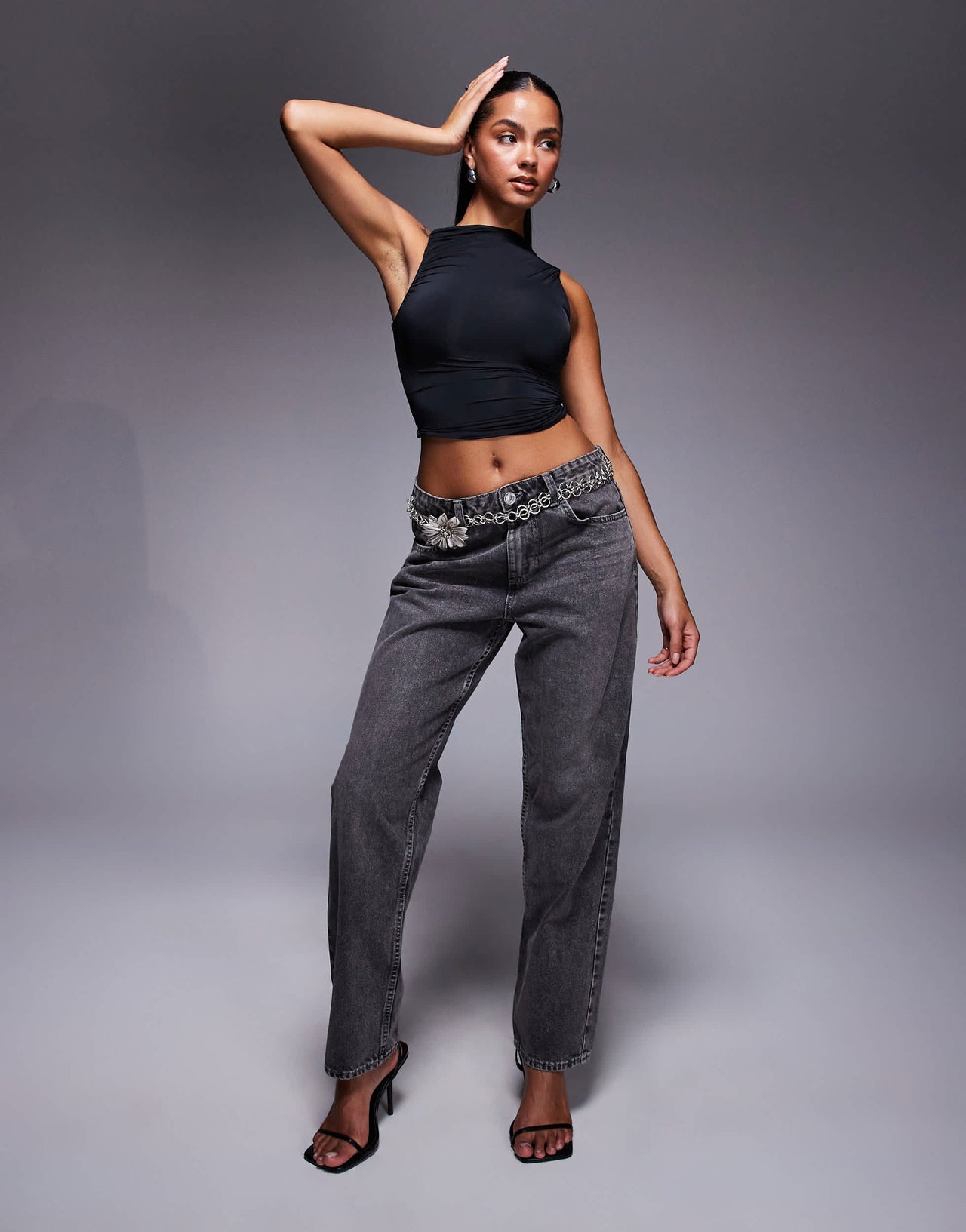 Oh Polly Kirbie asymmetric ruched tank top in black