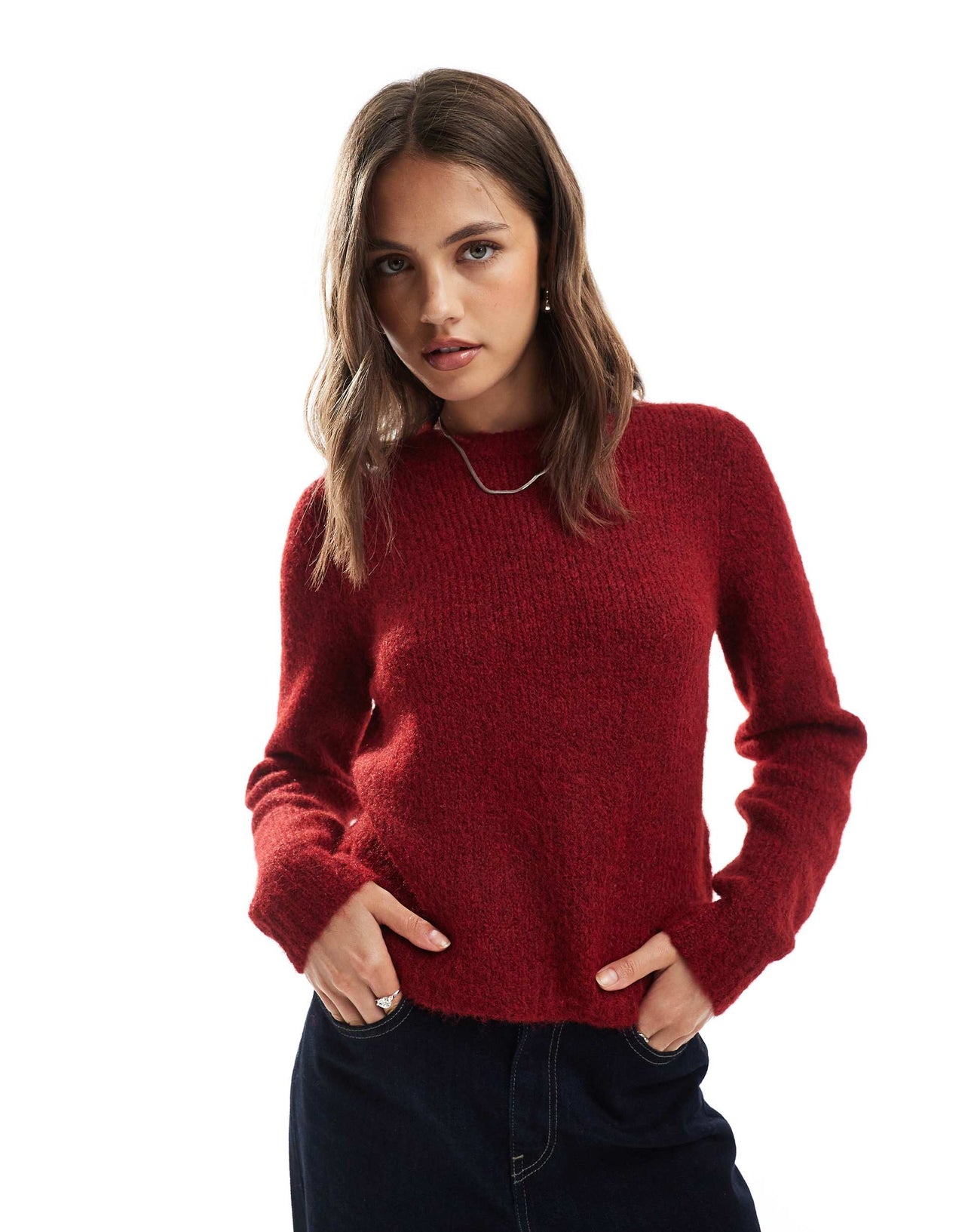 Vero Moda soft fluffy knit o-neck jumper in burgundy