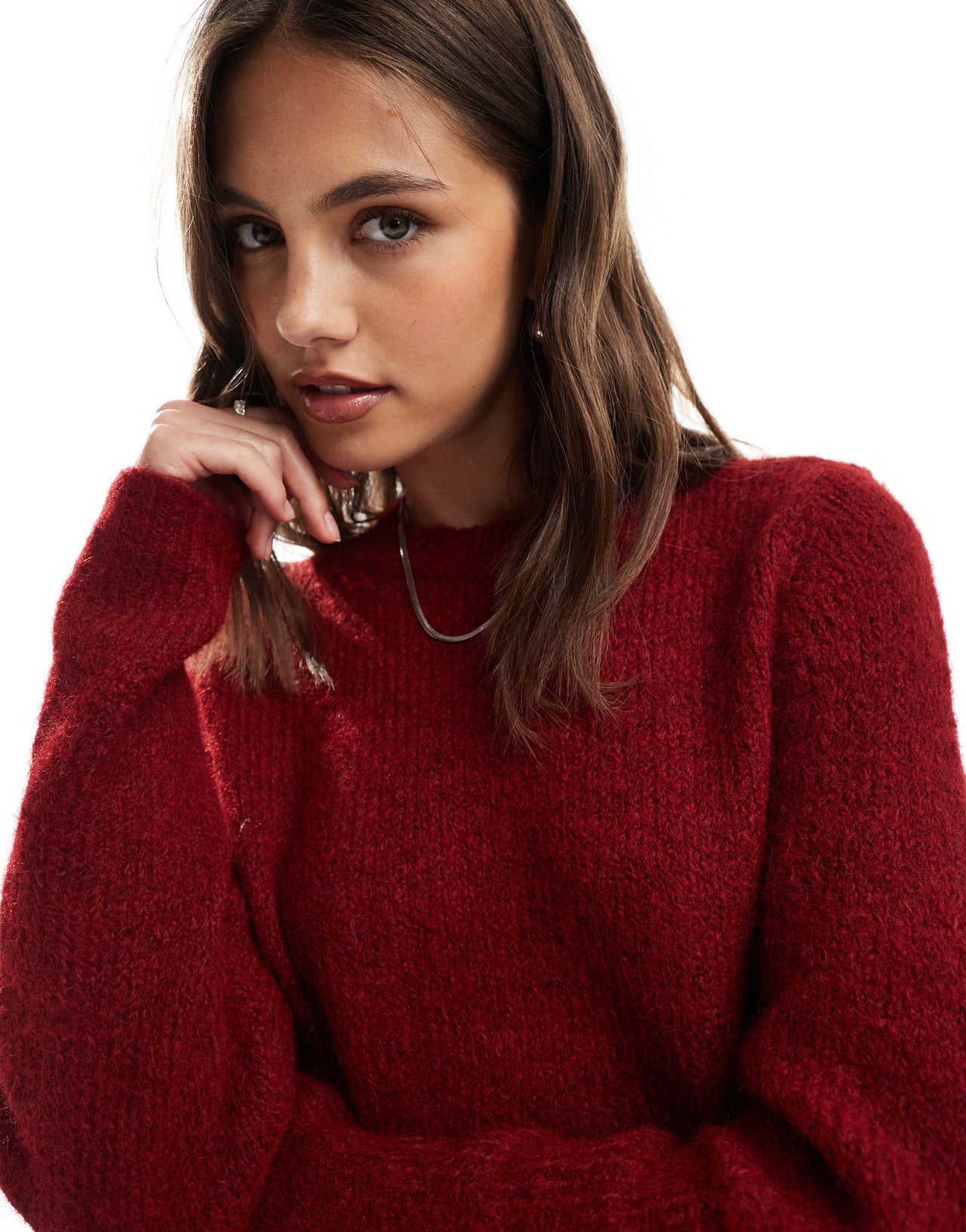 Vero Moda soft fluffy knit o-neck jumper in burgundy