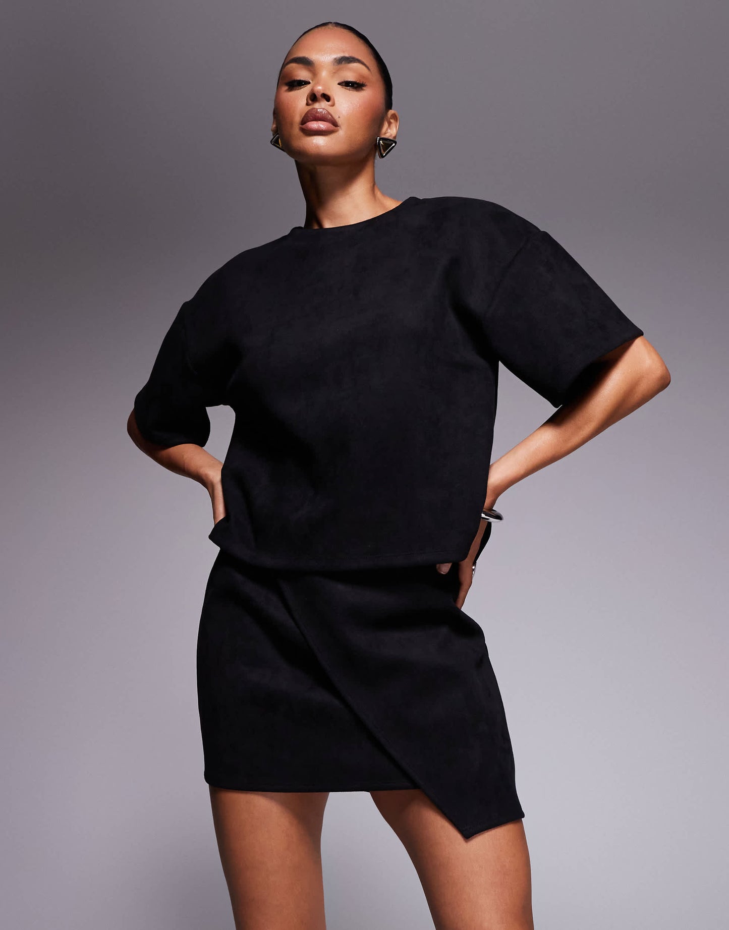 ASOS DESIGN co-ord faux suede asymmetric mini skirt in black