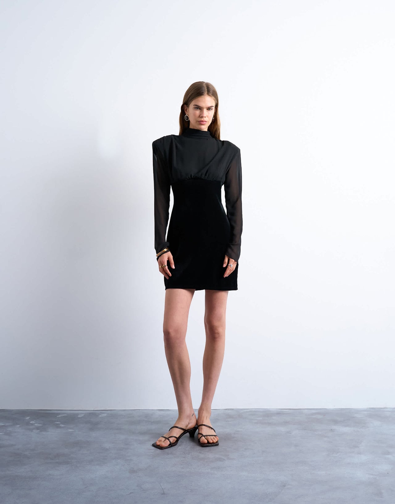 Topshop long sleeve velvet and chiffon mix mini dress with shoulder pads in black