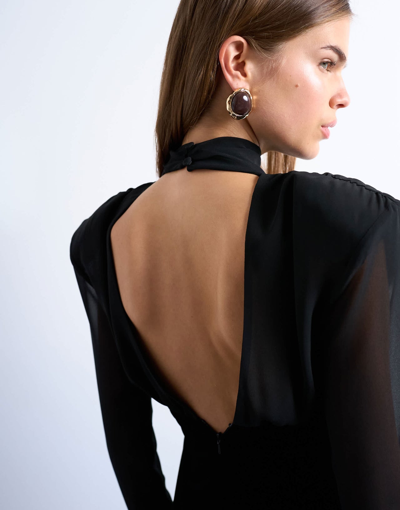 Topshop long sleeve velvet and chiffon mix mini dress with shoulder pads in black