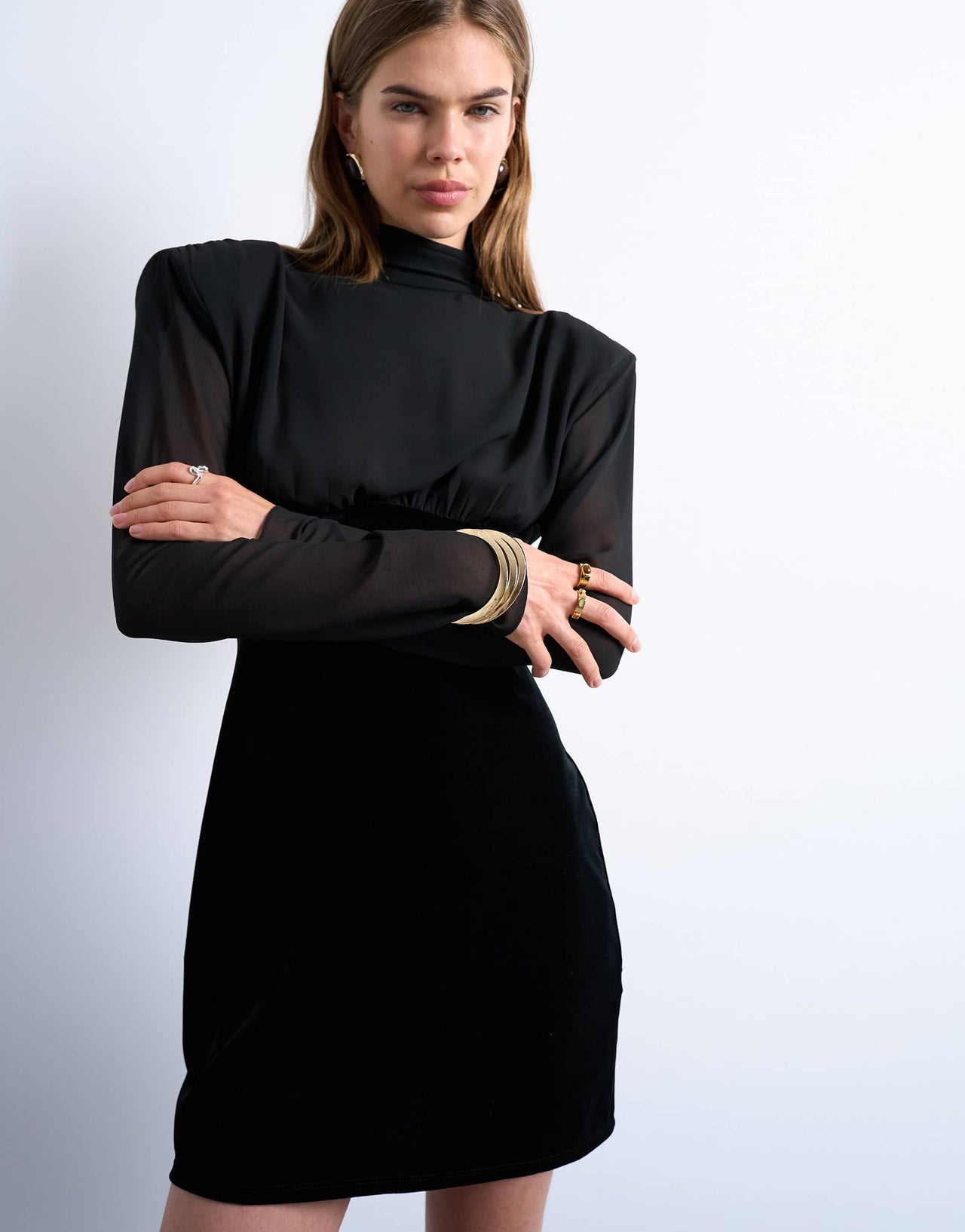Topshop long sleeve velvet and chiffon mix mini dress with shoulder pads in black