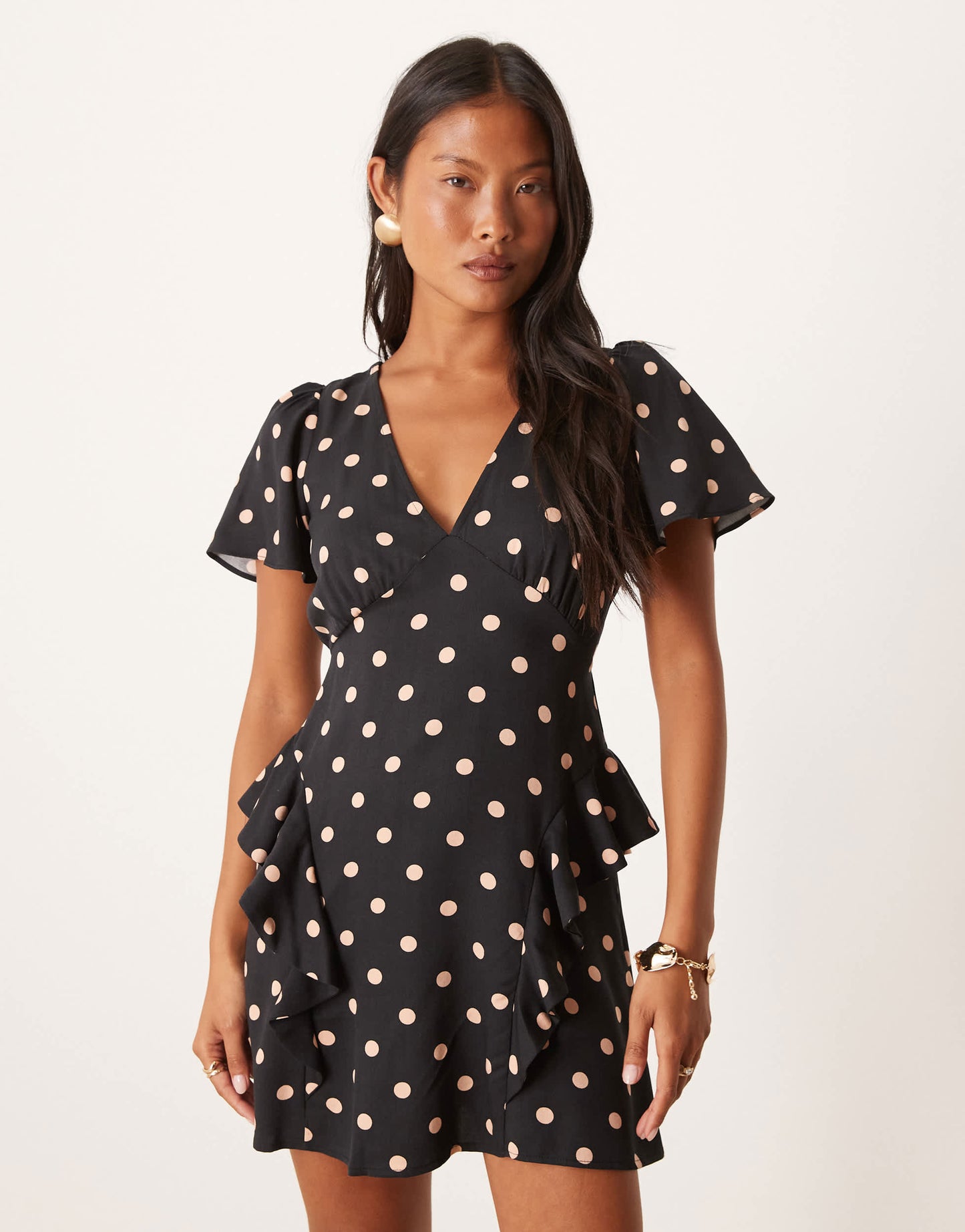 Nobody's Child Petite Lyndsey ruffle detail mini dress in black spot