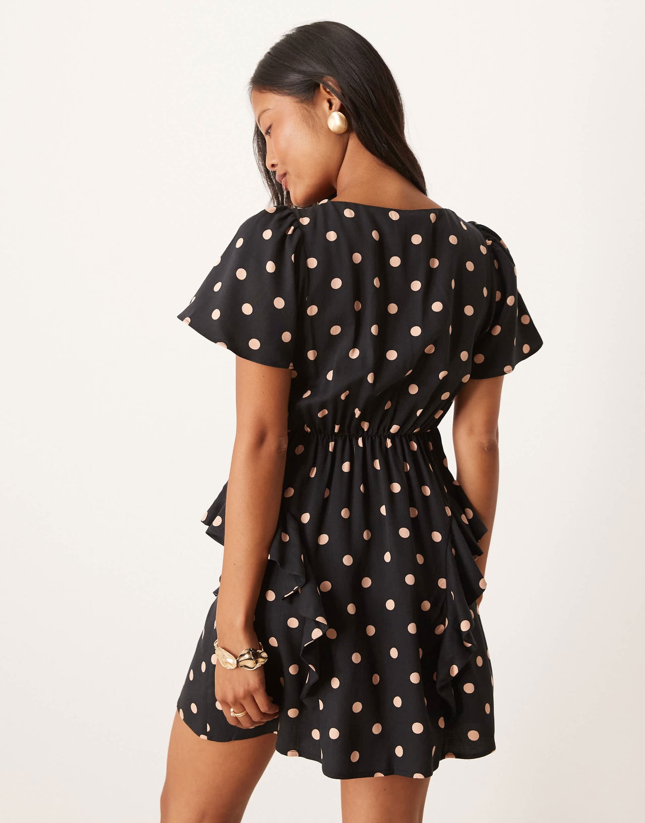 Nobody's Child Petite Lyndsey ruffle detail mini dress in black spot