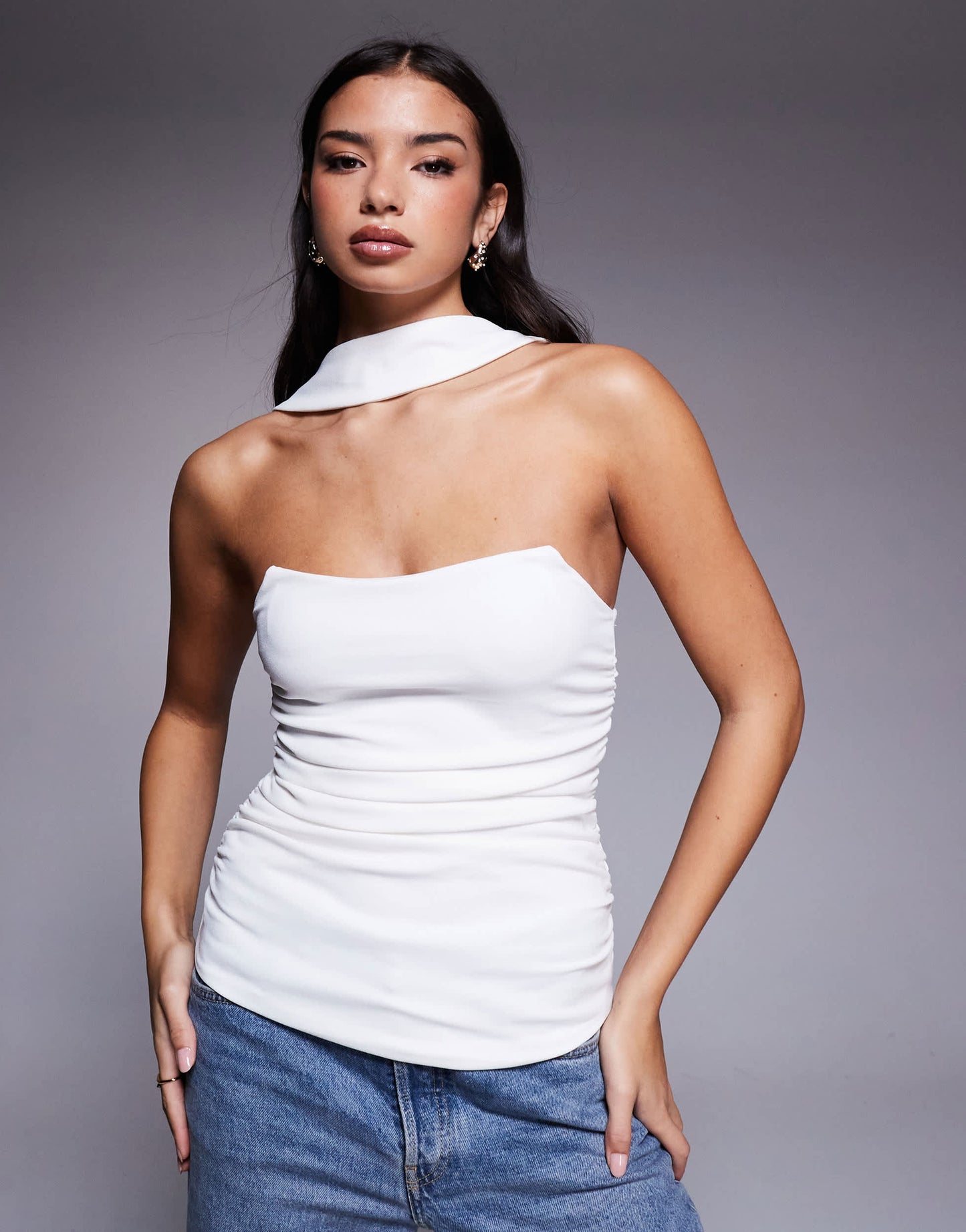 ASOS DESIGN longline structured bandeau top with scarf neck detail in ivory