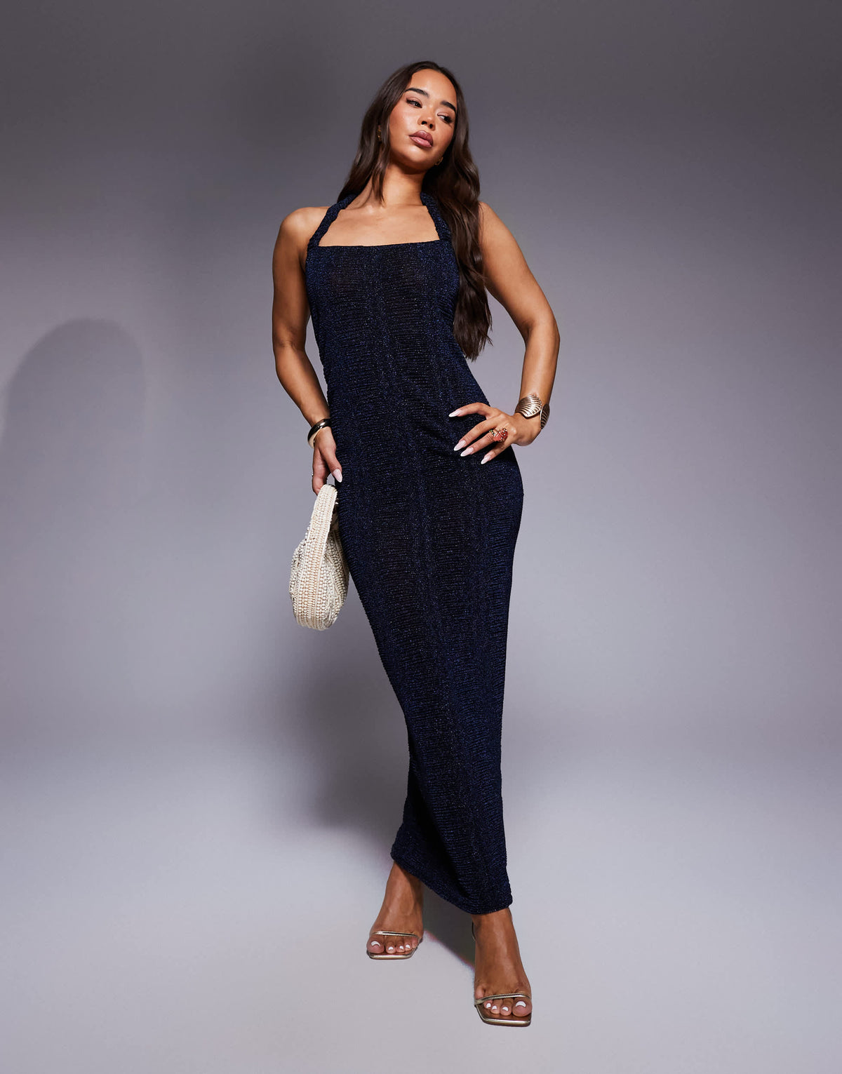 ASOS DESIGN gauged strap detail square neck maxi dress in metallic navy