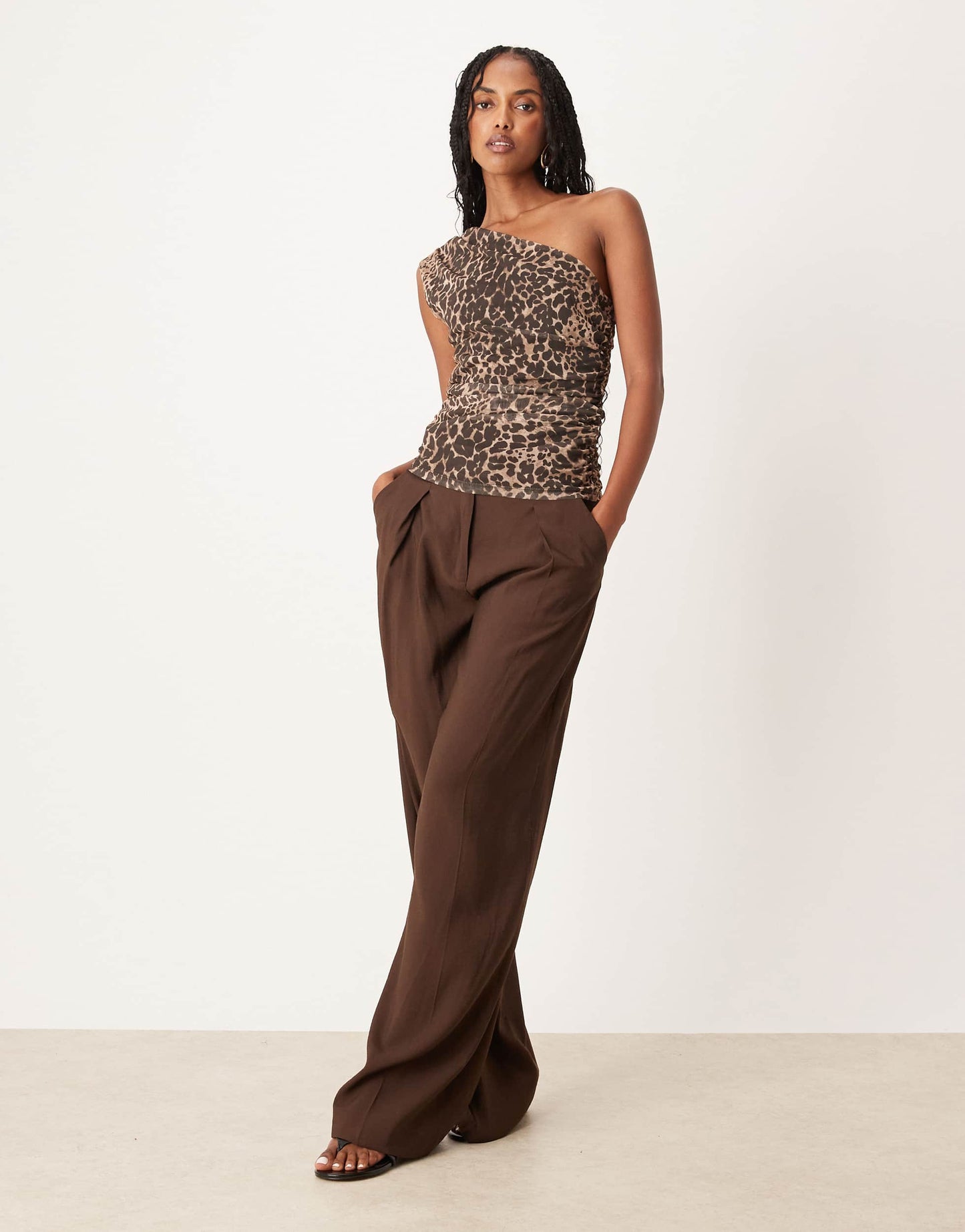 Mango one shoulder rushed leopard print top in brown